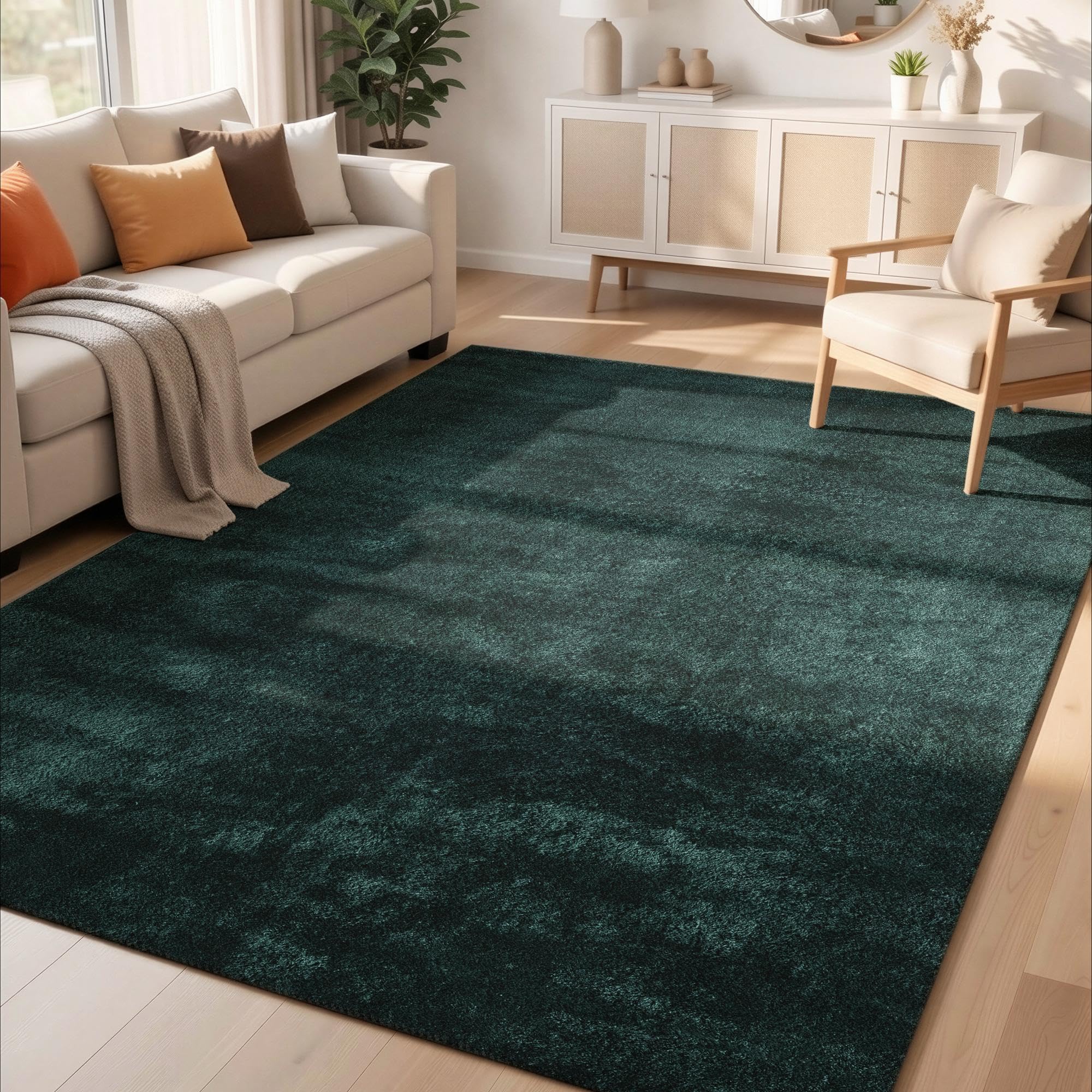 Rugs by Desire Comfy Washable Modern Living Room Rug Polyester Plain Indoor Area Rug with Low Pile - Anti-Slip Felt Backing SuperSoft Carpet Bedroom-Hallway, Emerald, 200x280 cm