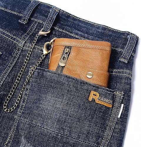 Miniatura 7 de Cartera de cuero para hombre con cadena antirrobo, cartera plegable de cuero genuino RFID, multifuncional, con cremallera, bolsillo para monedas con