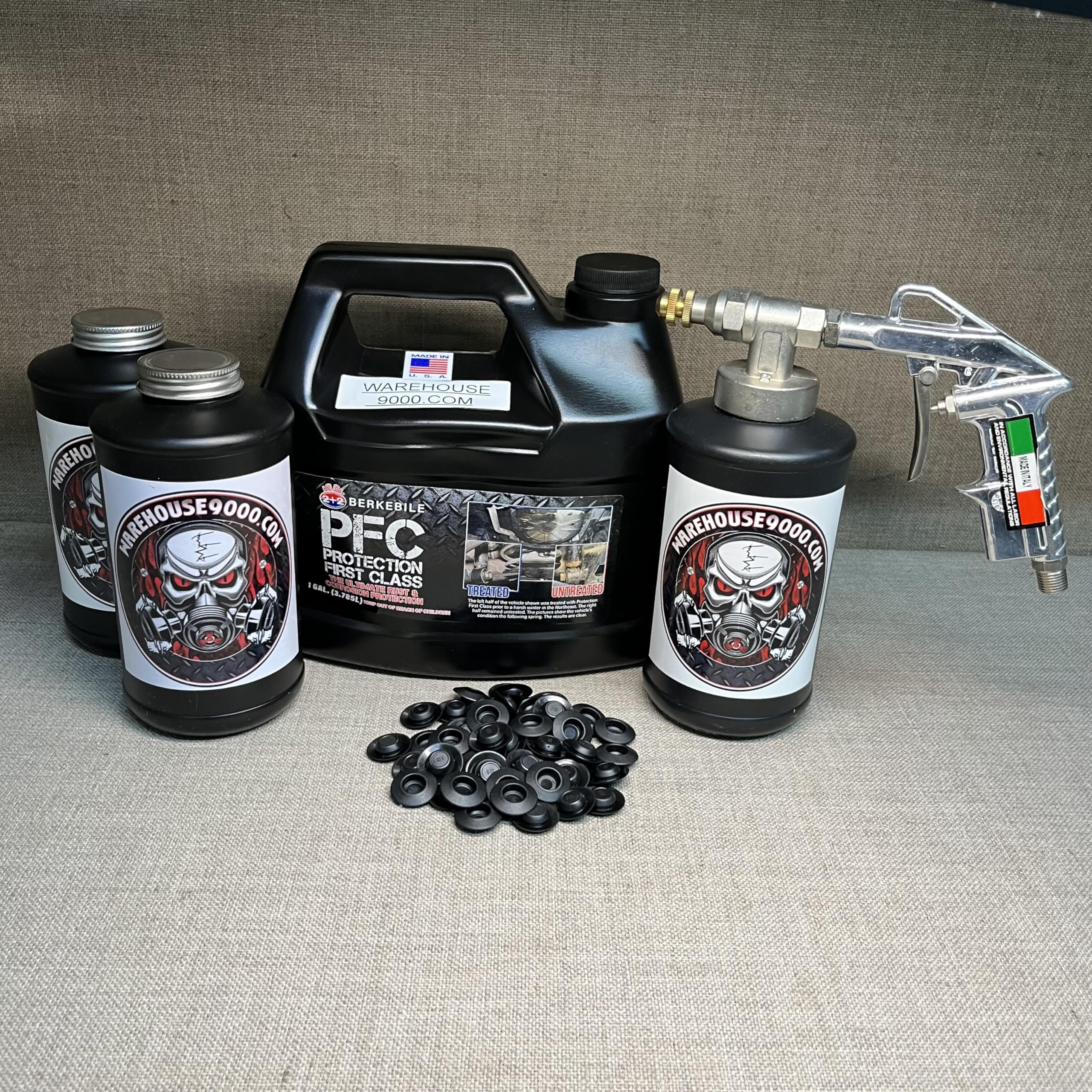 Gallon PFC Amber, Pro Undercoating Spray Gun, 3 Black Quart Bottles, and 50 Rust Plugs