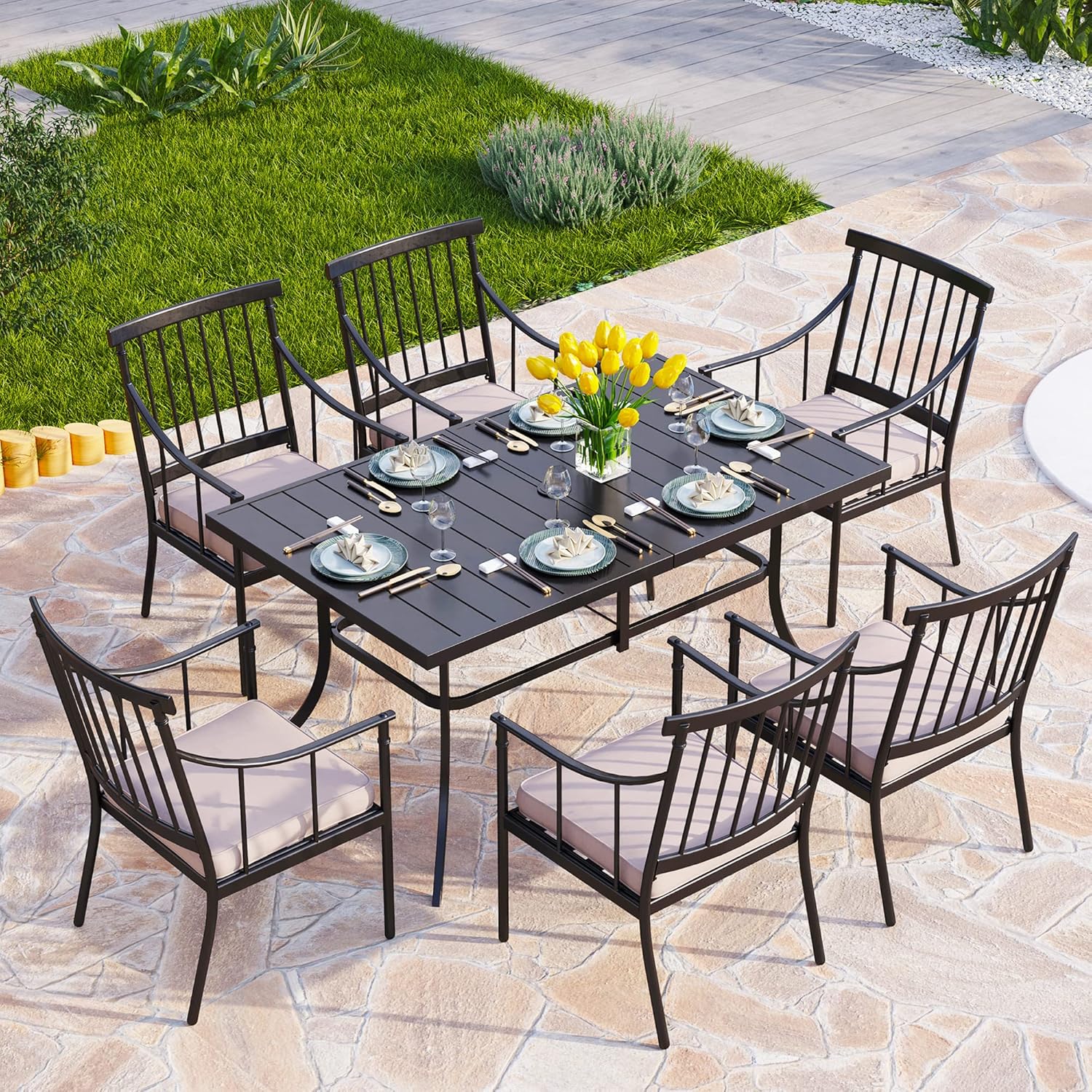 PHI VILLA 7 Piece Patio Dining Table Set with Cushion, Large Rectangular Metal Dining Table with Umbrella Hole & 6 Cushioned Iron Chairs for Outdoor, Deck, Yard