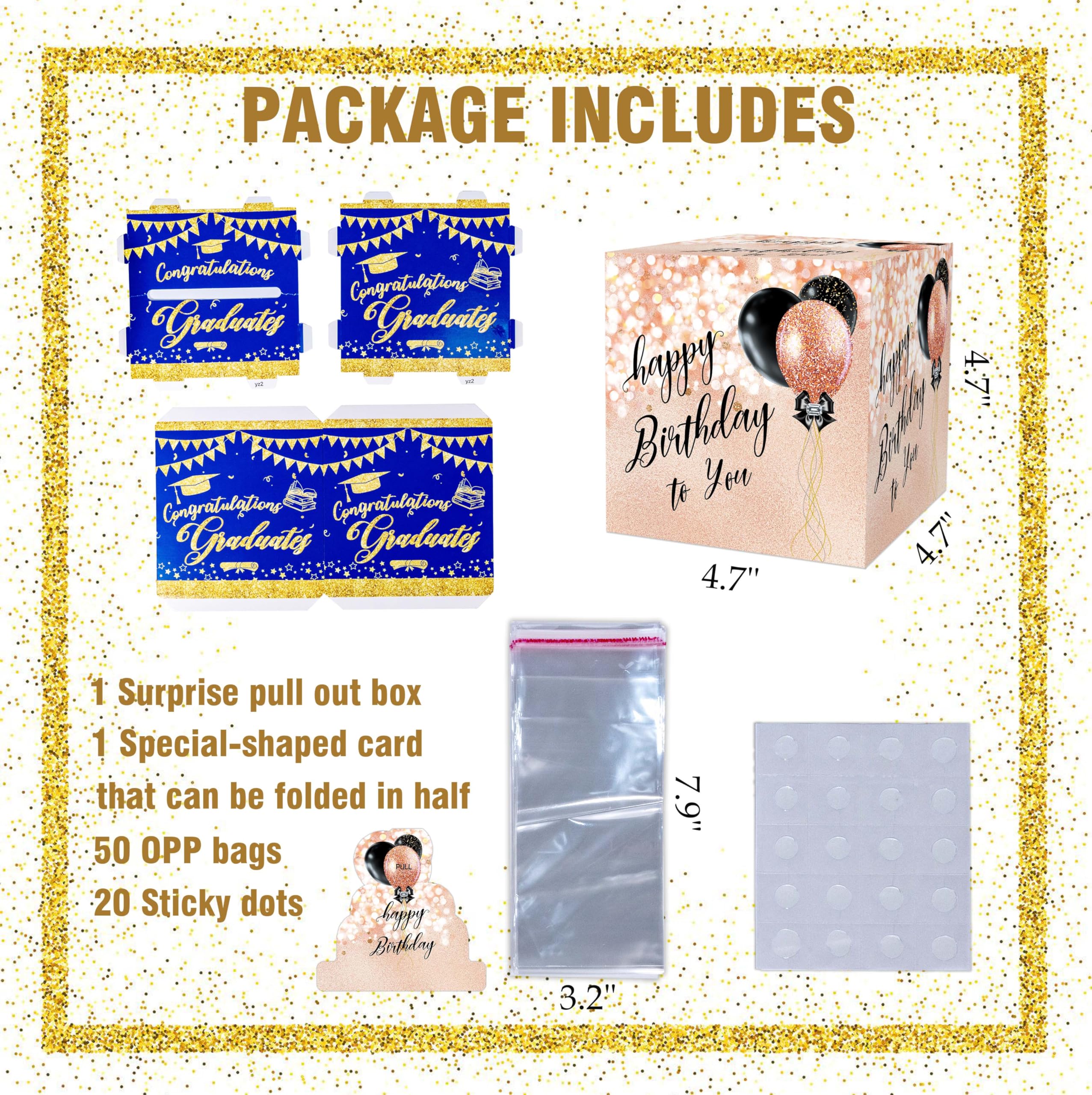 Money Surprise Box for Cash Birthday,Happy Birthday Money Box, Rose Gold Glitter Birthdays Moneys Pull Box with Pull Card and 50 OPP Bags,Moneys Gift Boxes for Cash,Birthdays Gift Boxs