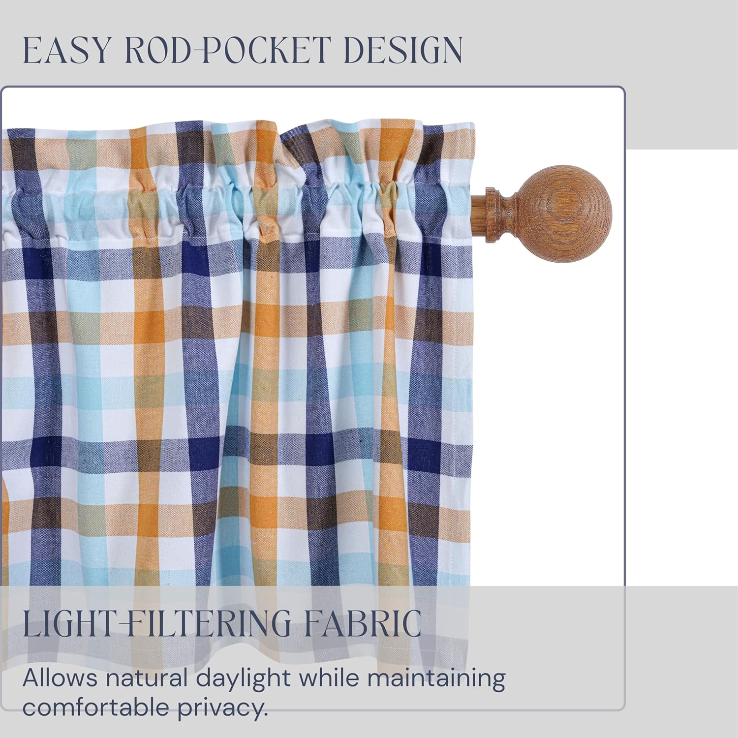 Gingham Check Kitchen Curtains Set - 2 Tiers 26"x36" & Valance 54"x18", Rod Pocket, Semi Sheer Window Curtains for Kitchen, Bathroom, Living Room - Indigo & Aqua Blue, Mustard Yellow