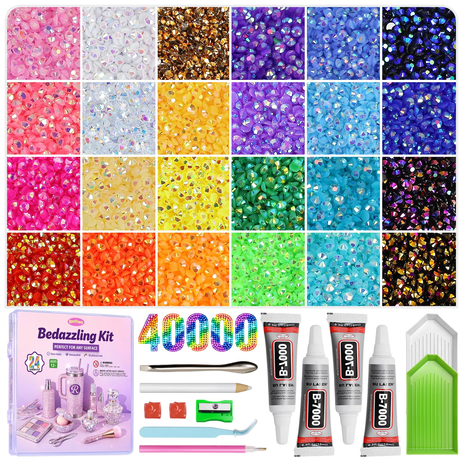 Redtwo 40000Pcs Resin Jelly Rhinestones for Bedazzling, 24 Colors 3mm Flatback Rhinestones, Bedazzling Kit with 4Pcs B7000 Jewelry Glue and Tools, Bedazzler Kit for Crafting Book Clothes Makeup Shoes - 1