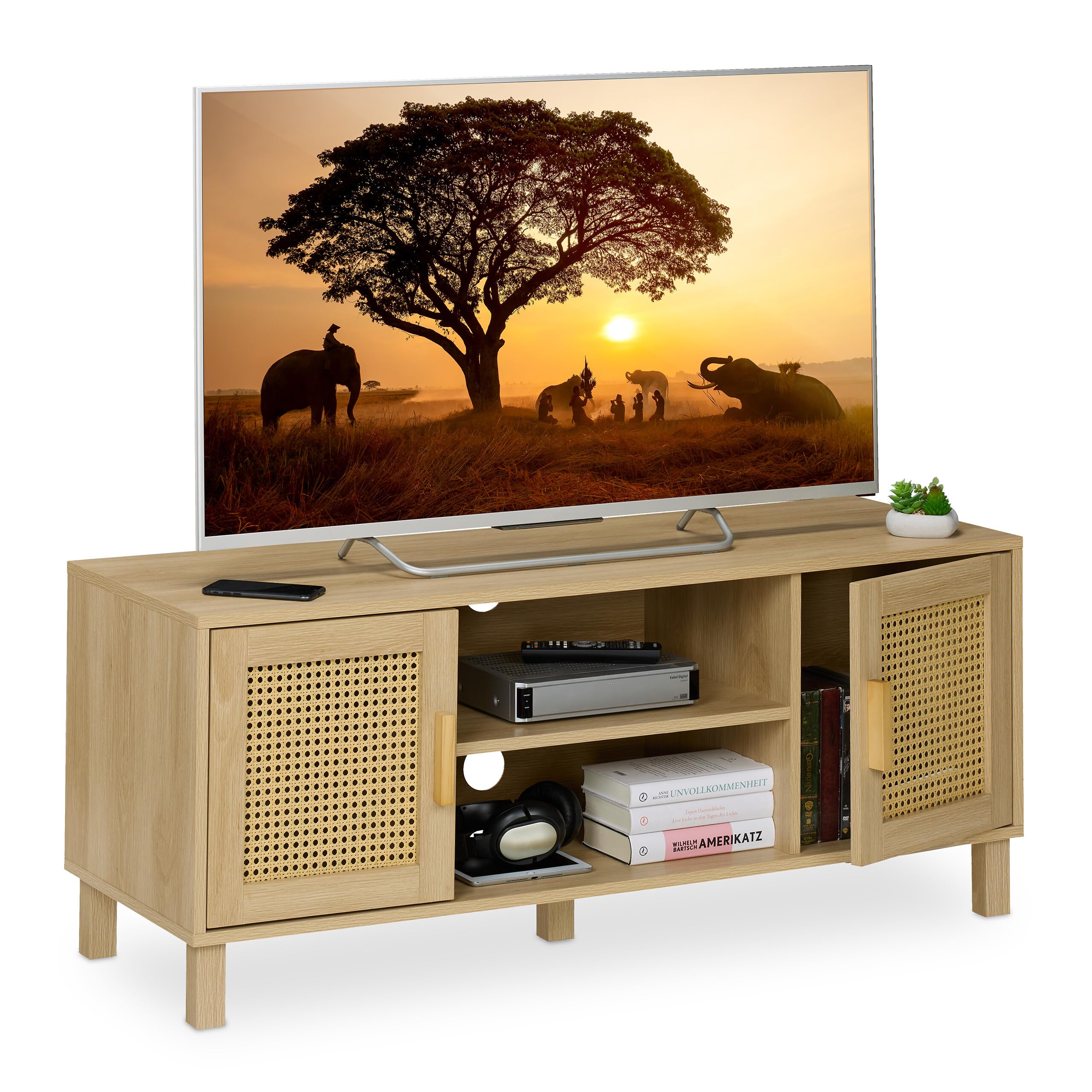 scaffale tv rattan 50 pollici con tavolo basso