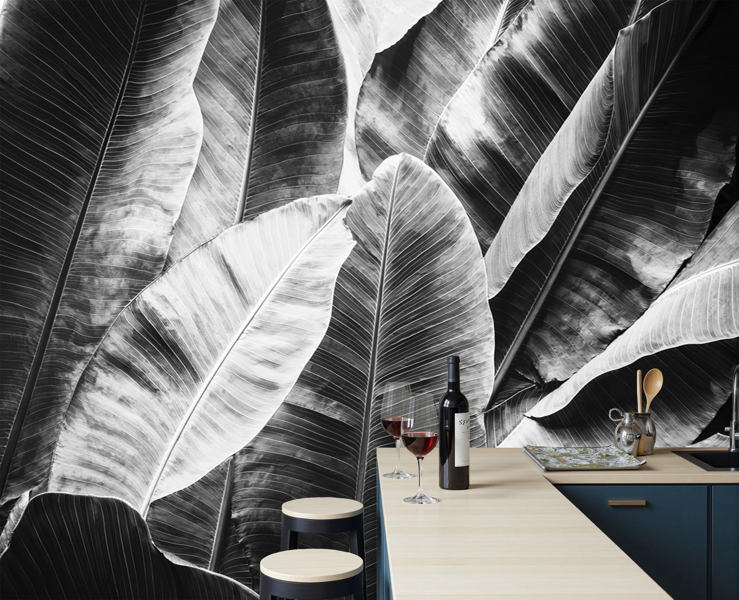 Papier peint panoramique feuilles bananier noir et blanc mural 250x175cm