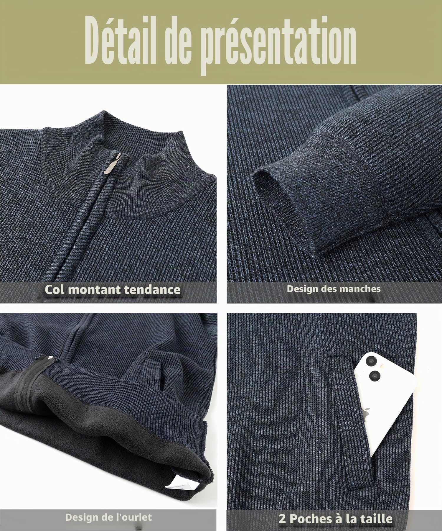 Hommes Cardigan Pulls Manteaux Automne Hiver Veste en Maille Chaud Cardigan Épais avec Col Montant écontractée Ouvrez-Front Zippé Gilet Doublé en Polaire Sweat