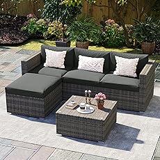 Patio Furniture Set 5 Pieces, 7-Seat PE Rattan Wicker Outdoor Sectional Patio Conversation Set with Waterproof Cusions and Coffee Table, Grey and Grey