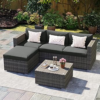 Patio Furniture Set 5 Pieces, 7-Seat PE Rattan Wicker Outdoor Sectional Patio Conversation Set with Waterproof Cusions and Coffee Table, Grey and Grey