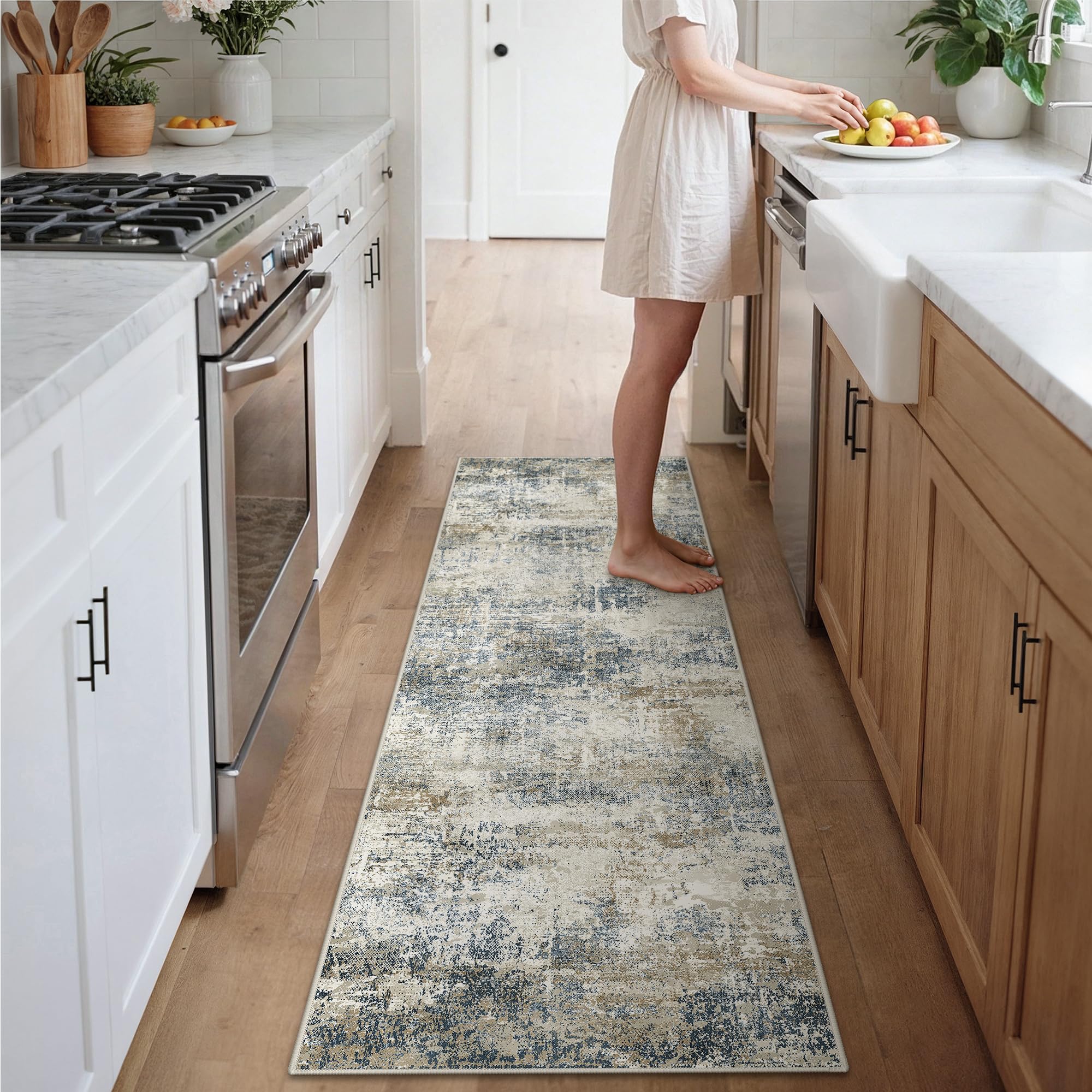 GENIMO Rug Living Room 80x300cm, Long Modern Abstract Area Rugs Washable, Non-Slip Floor Carpet, Low Pile, Non-Shedding, Dining Room, Bedroom, Kitchen, Indoor, Muted Coastal Storm — image 1