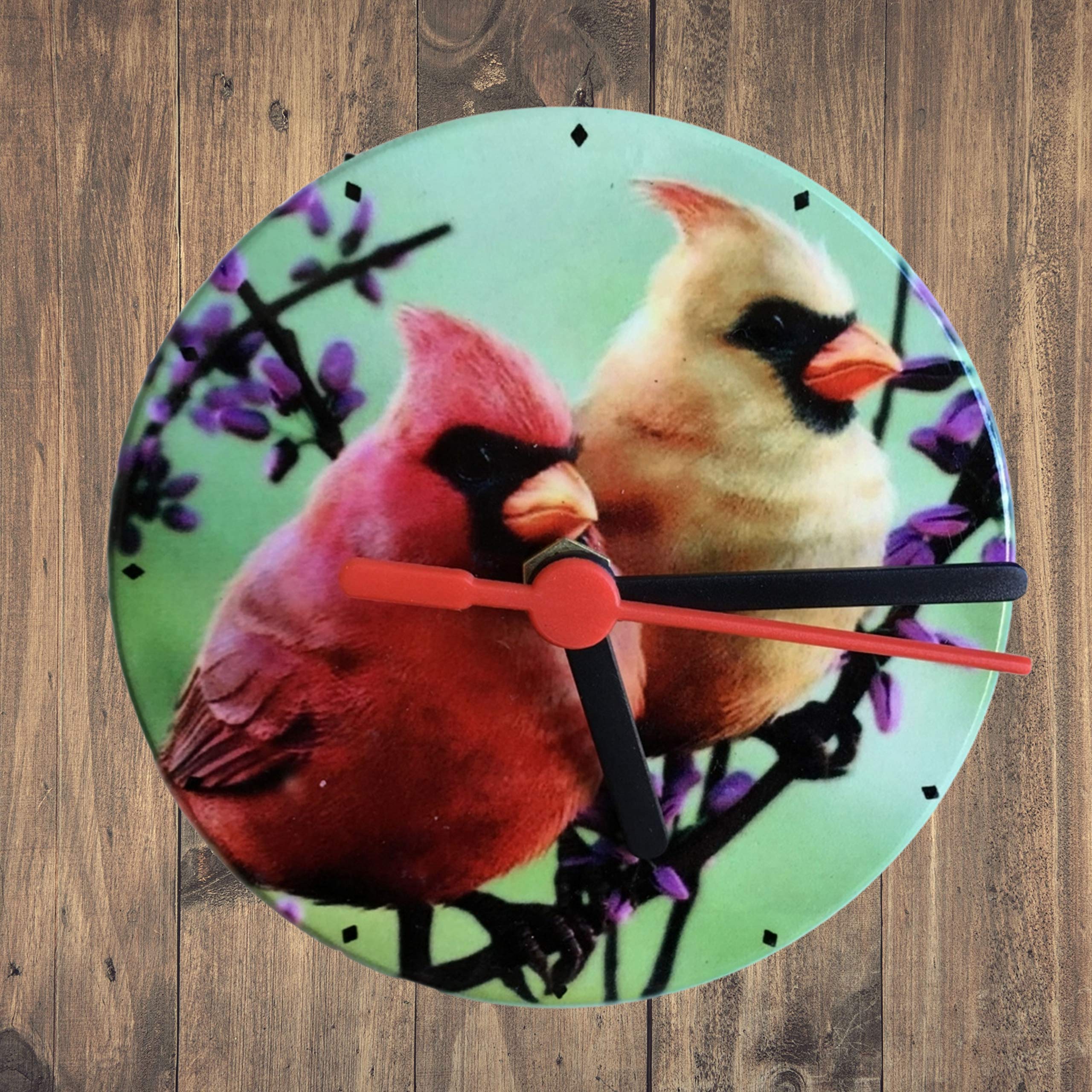 BANBERRY DESIGNS Desk Clock - Round Small Desk Clock with Cardinals on Flower Branch - Bird Decor - Spring Home Decorations - Measures 4.25