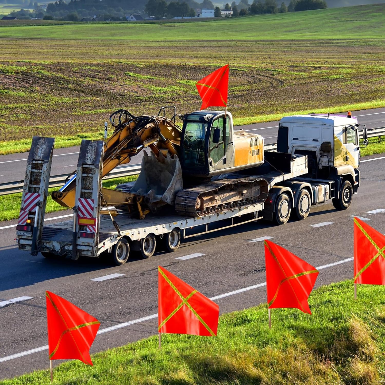 Kinlop 4 Pcs 24" x 24" Safety Flag Traffic Warning Flag with 35'' Wooden Dowel for Trucks Trailer and Pedestrian Crossings Construction Sites (Trendy)