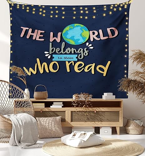 Miniatura 8 de Ambesonne Tapiz de libro, tamaño King, el mundo pertenece a los que leen palabras inspiradoras sobre fondo azul oscuro, colcha colgante de pared,