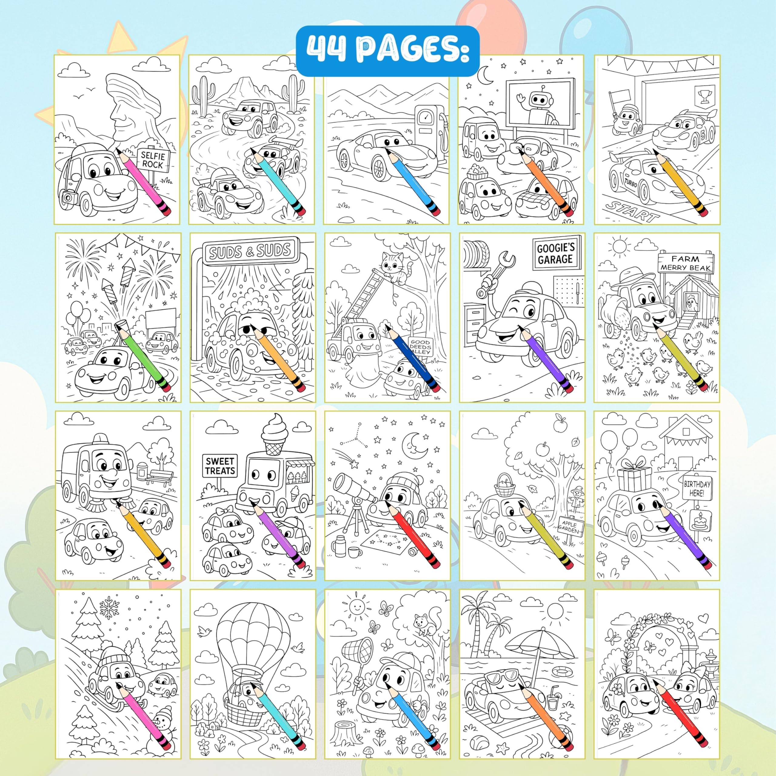 Libro da colorare - Happy Wheels: divertenti avventure di veicoli per bambini - Rilegato a spirale, perfetto per ragazzi e ragazze. Caratteristiche auto, camion, autobus e altro su strade stravaganti