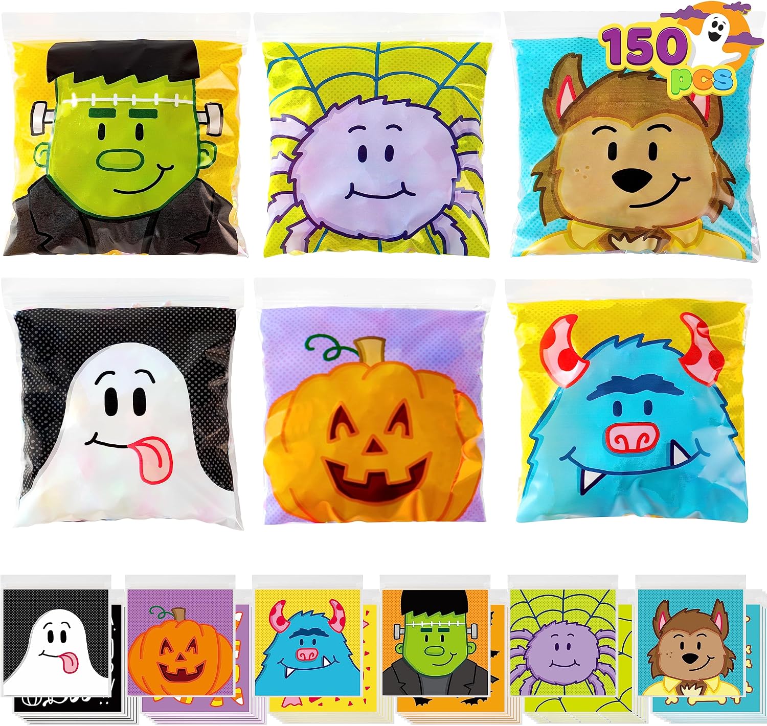 JOYIN 150 Pcs Halloween Cellophane Treat Bags, Candy Goodie Bags, Halloween Goody Gift Bag for Kid Trick or Treating, Small Ziplock Snack Cookie Bag Bulk for Classroom Party Favor Supplies in 6 Design