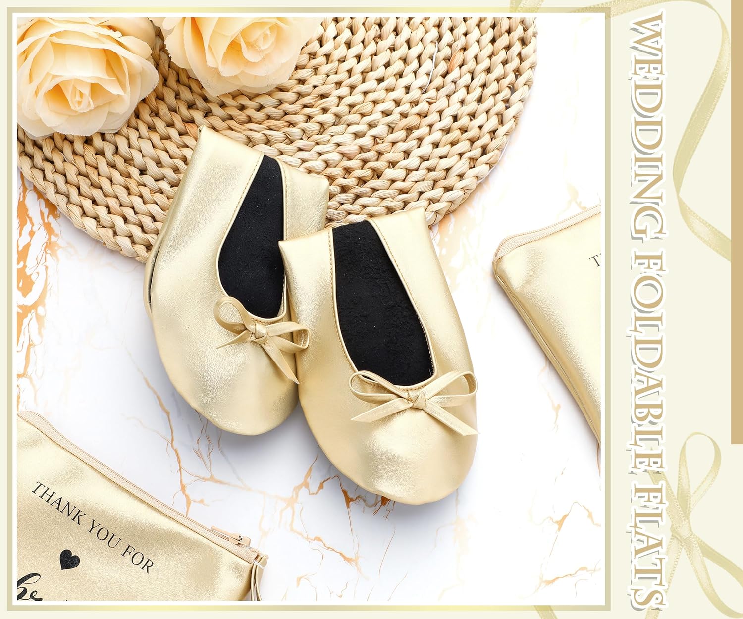 Cuffbow Women's Foldable Ballet Flats, Portable Slip-on Ballet Shoes Bulk Dance Slippers for Wedding Party Bridesmaids Guests