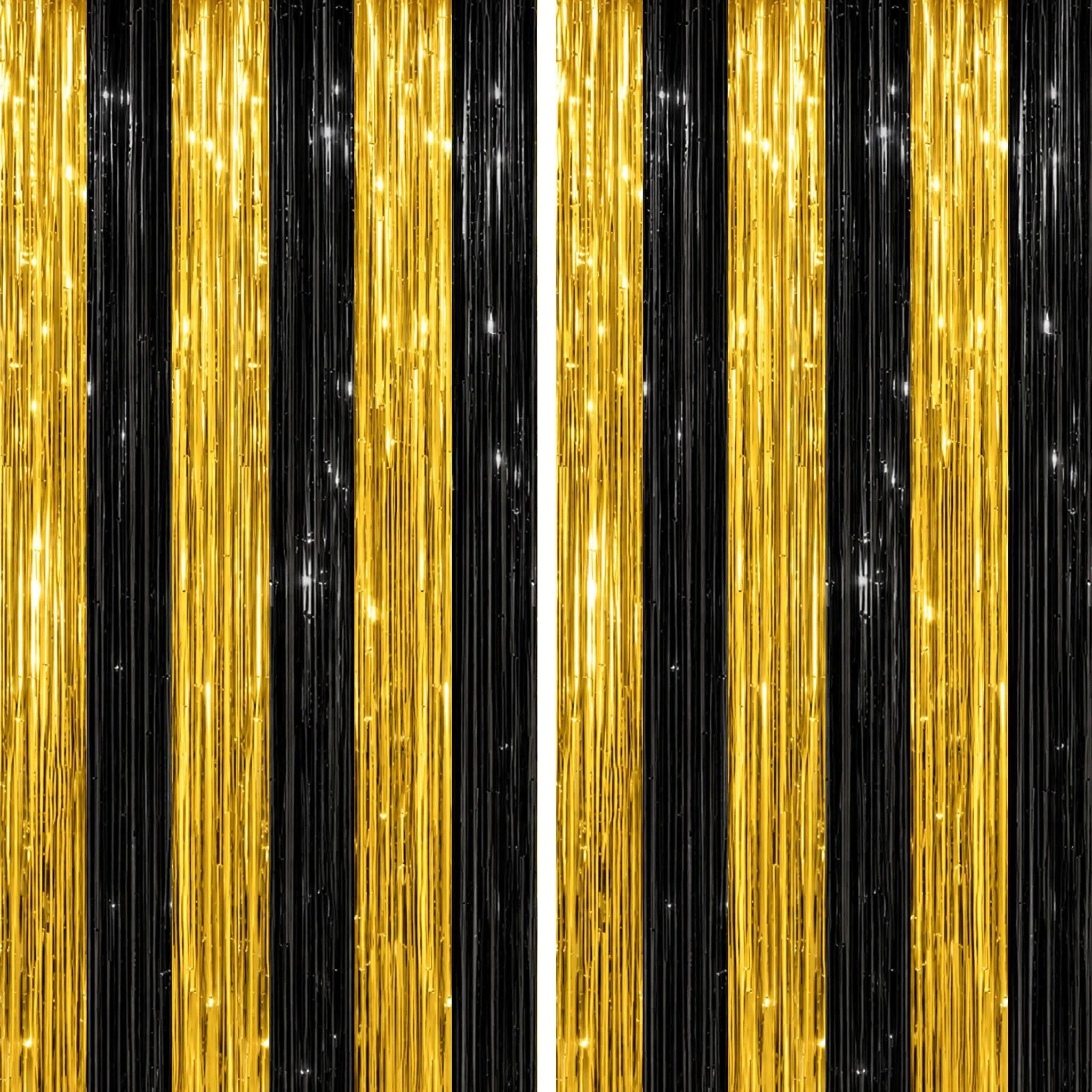 DECOCKRAT 2 Pack Foil Fringe Backdrop - Black&amp;Gold Shiny Tinsel Curtains for Party Decoration/Photo Booth Props - 3.3x6.6 FT Metallic Foil Backdrop for Birthday, Wedding, Graduation, Christmas.