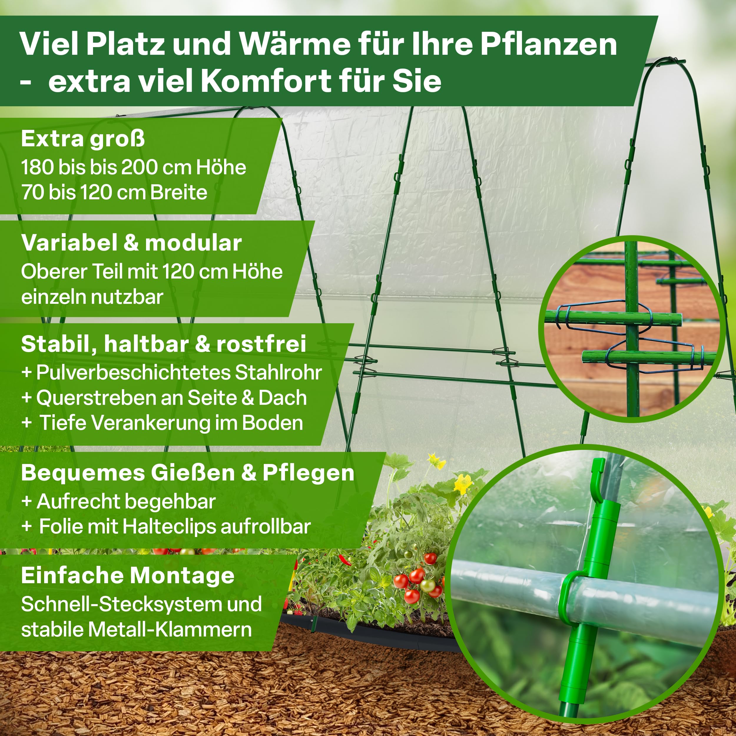 TTL GARDEN Peak XXL 400 - Túnel para plantas con lámina | - Cubierta para plantas grandes de 2 m de alto, 1,20 m de ancho, 4 m de largo, sistema de arcos de túnel, acero inoxidable
