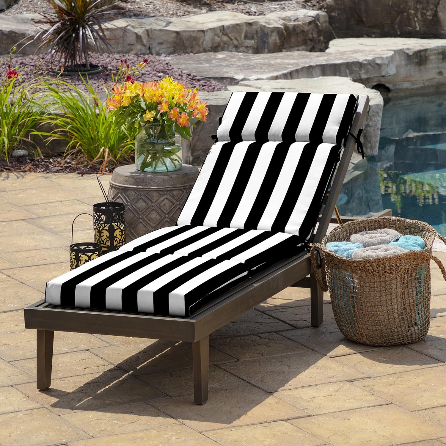 arden outdoor chaise cushion, 21 in x 72 in, weather-proof, rain-proof, fade resistant patio cushion for chaise lounger black cabana stripe 72" x 21" black cabana stripe