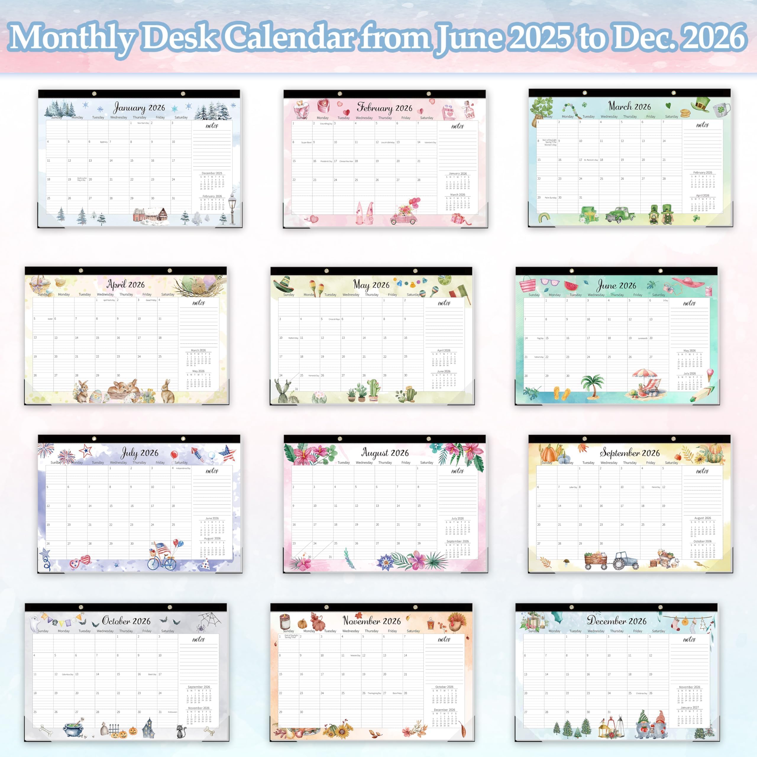 GuassLee Calendario da scrivania extra large 2025-2026, 19 mesi, 50,8 x 76,2 cm, da giugno 2025 a dicembre 2026, grande agenda mensile con design ad acquerello per ufficio, scuola e casa