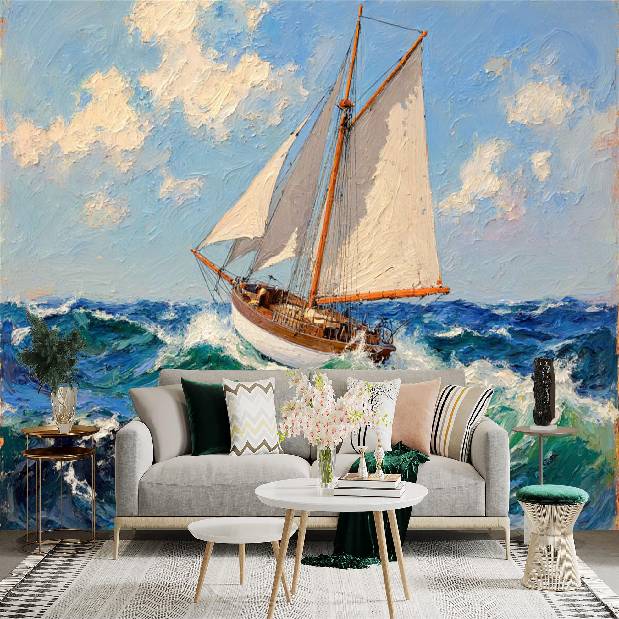Lnzczhyre Xc260505843 Custom Size Wall Sticker Mural， Oil Painting Of Sailing Boat， Rough Blue Sea Waves， Nautical Ocean Scenery， For Wall Decoration， Peelandstick Wall Decals.