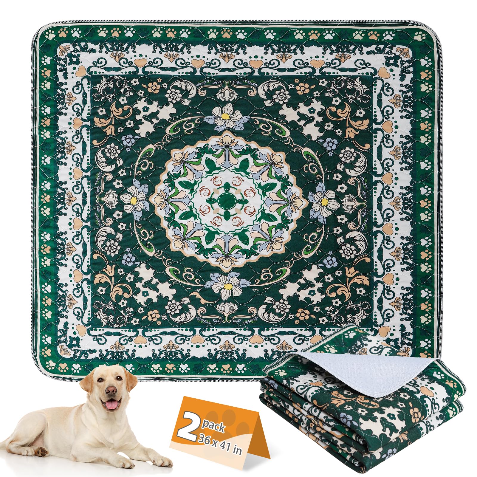 KOOLTAIL Washable Pee Pads for Dogs, 2 Pack Super Absorbent Reusable Puppy Training Pads Waterproof, Nonslip and Leak-Proof Dog Pee Pads, Large Pet Mats Whelping Pads for Floor, Crate, Couch 36*41
