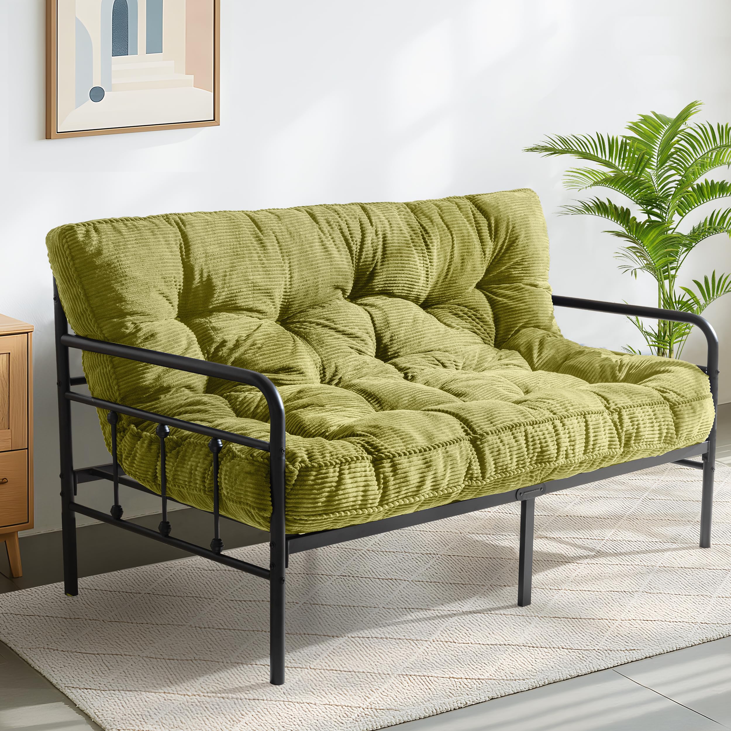 MAXYOYO 6" Futon Mattress Queen Size, Tufted Futons Sofa Couch Bed with Twisted Rope Design Edging, Thick Corded Fabric Floor Mattress for Adults, Shredded Foam Filling (Frame Not Included), Green