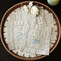 Lauusiusi Embroidered Lily of the Valley Linen Cocktail Napkins Set of 6 - Handcrafted 6x6 Natural Hemstitch for Parties Weddings