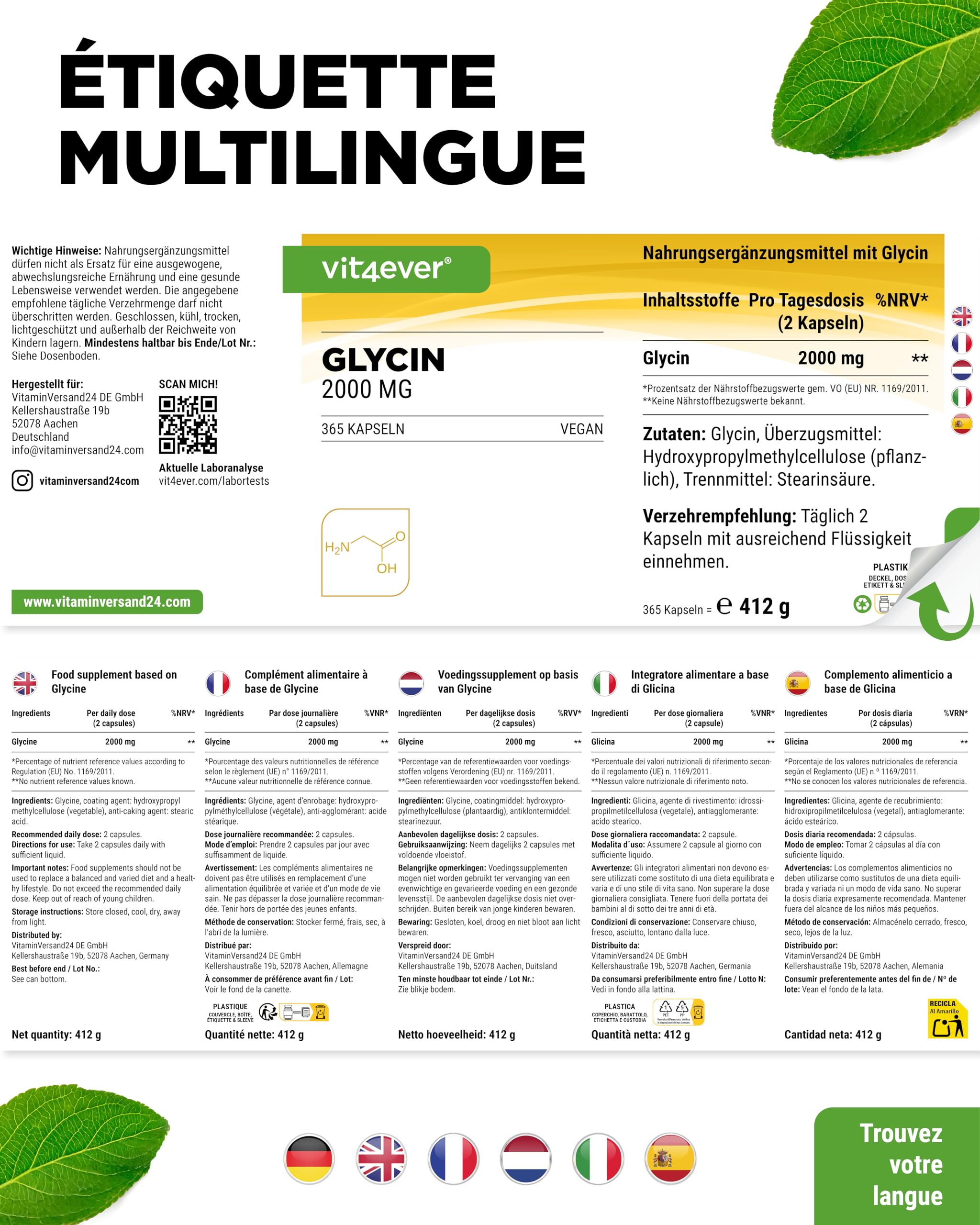 Glycine - 365 Gélules - Hautement Dosé Avec 2000 Mg Par Portion Journalière - Très Haute Pureté - Sans Additifs - Vegan