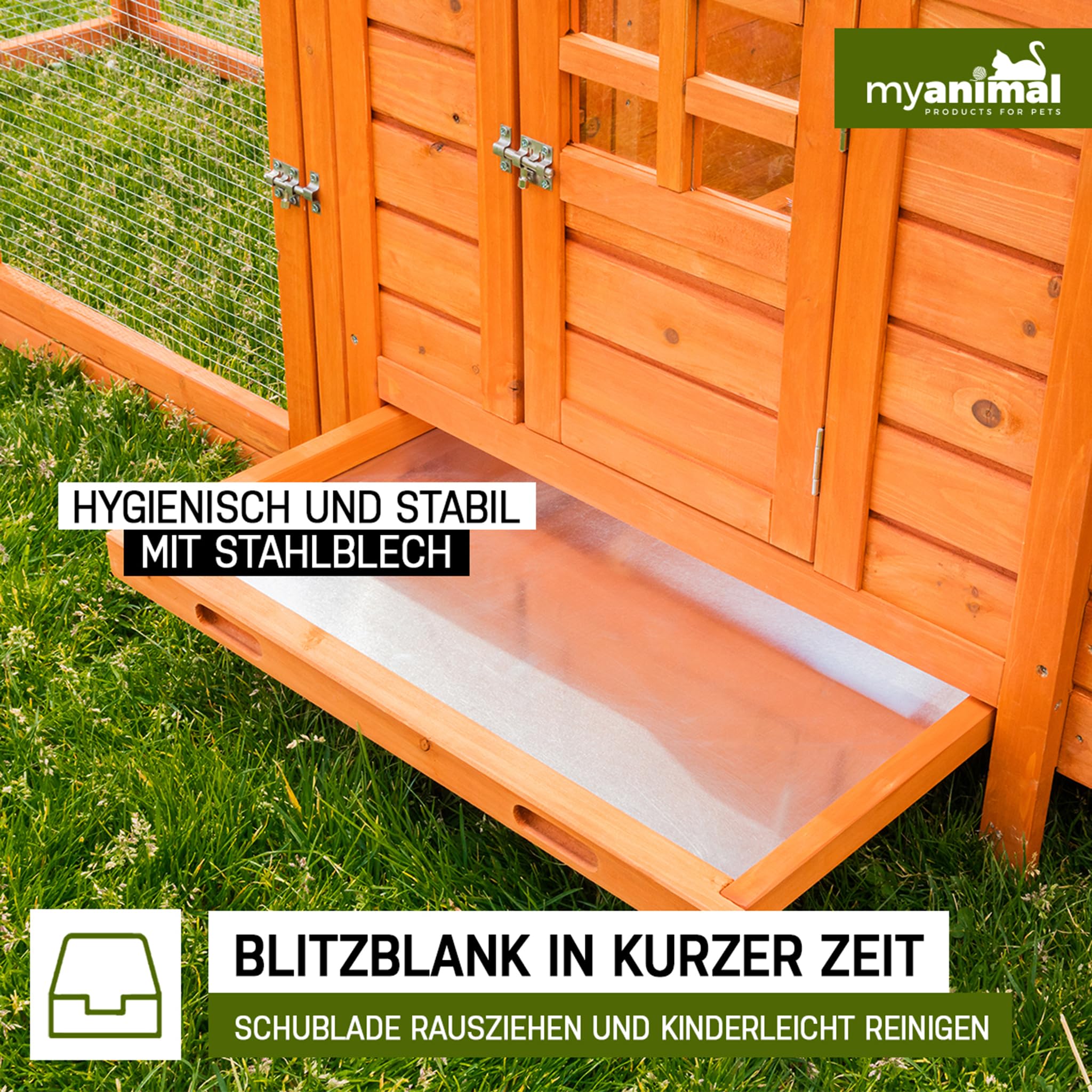 Miweba MyAnimal Hühnerstall für 3 Hühner | 206x73x123 cm Winterfest - Vogelhaus - Hühnergehege mit Nistkasten - Voliere - Hühnerhaus - Freilaufgehege Huhn - Legenest - Vogelvoliere - Gehege (Braun)