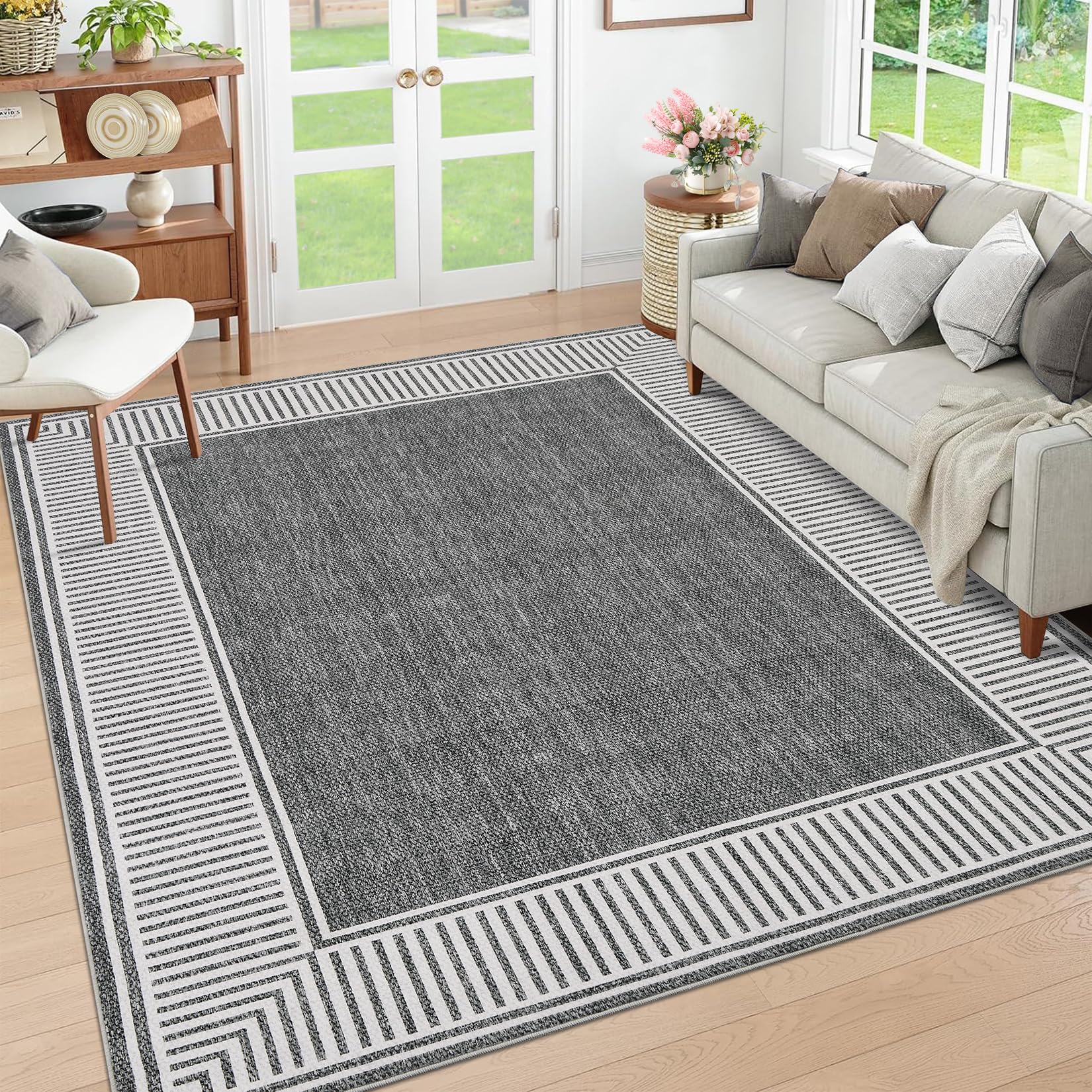 GarveeHome Living Room Area Rug 8x10 Modern Striped Border Throw Carpet with Rubber Backing Low Pile Stain Resistant Dining Room Rug Contemporary