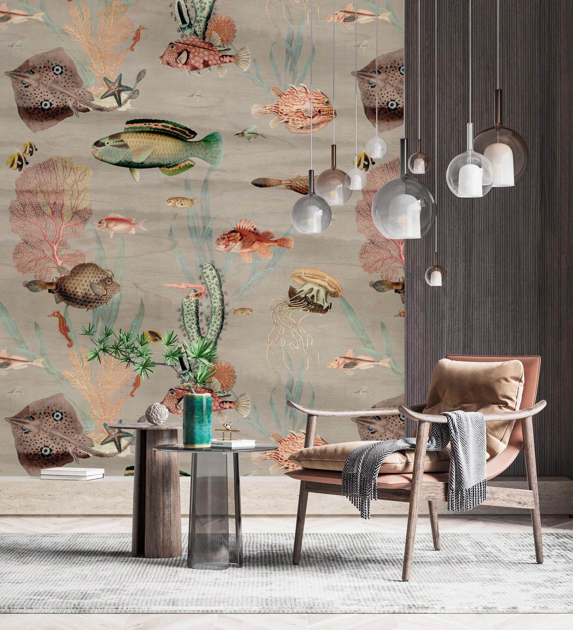 Papier peint vinyle mural poissons coraux GAULAN 683232 revêtement luxe beige gris
