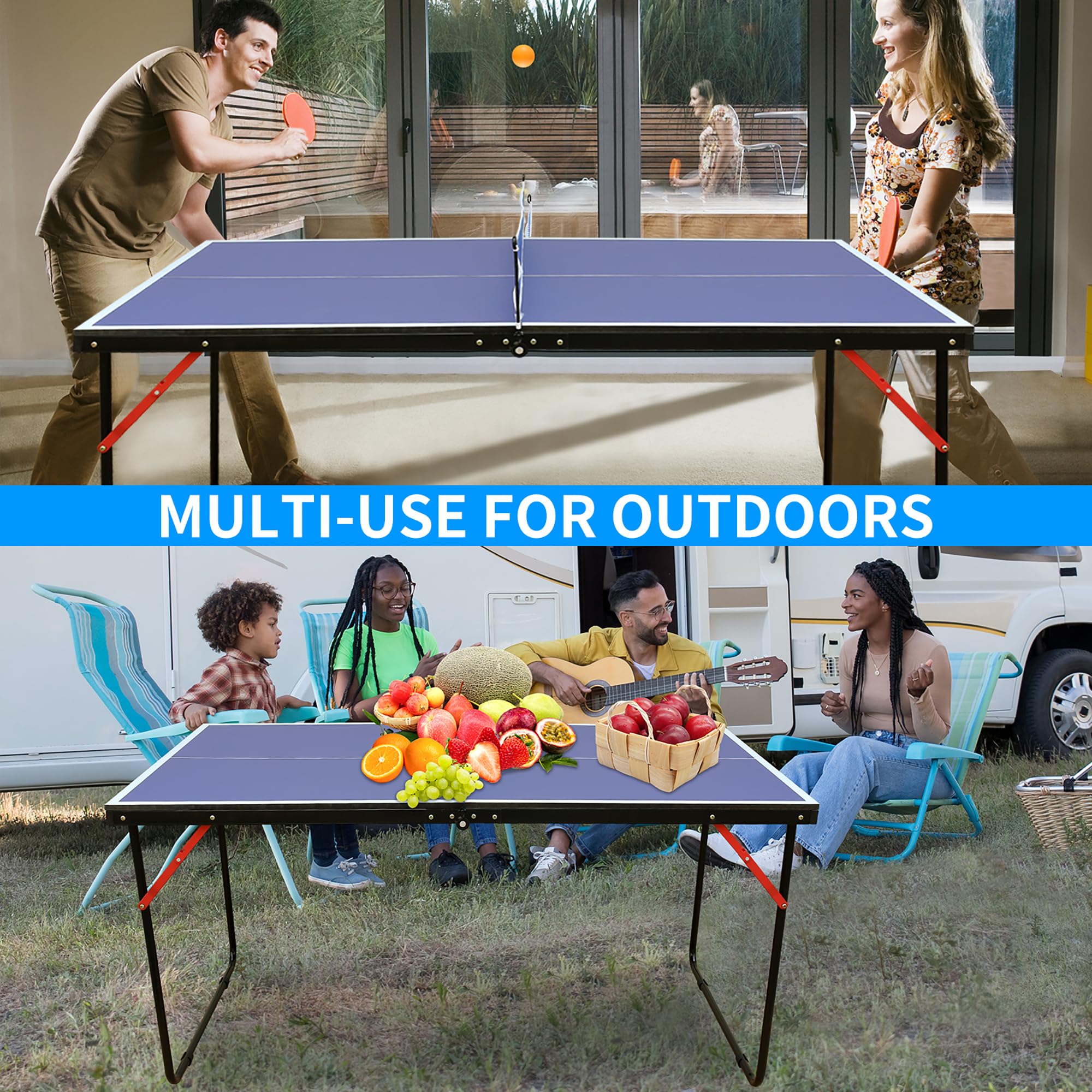 Tavolo da ping pong pieghevole da 137 cm, set da ping pong con rete e 2 racchette, pannello in MDF blu, gambe in metallo a forma di U, antiscivolo, salvaspazio, per interni ed esterni, bambini e