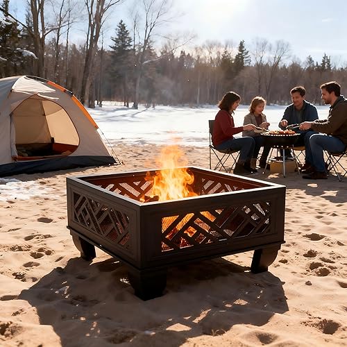 Miniatura 5 de Breezz Fogata de leña de 26 pulgadas con parrilla de cocina y pantalla de chispas, hoguera de metal al aire libre para patio, patio trasero, fiesta