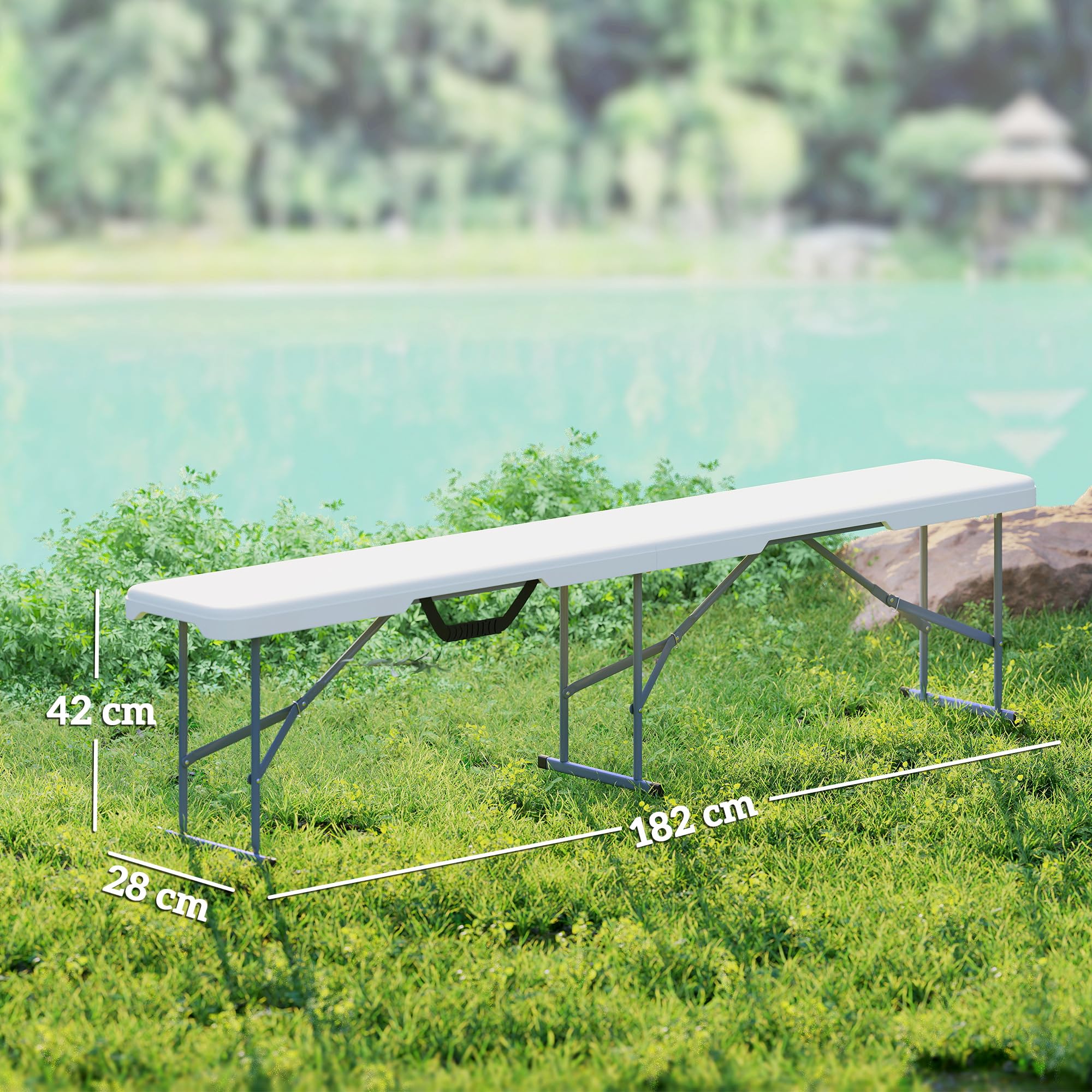 Outsunny Banc de Jardin Lot de 2 bancs pliants 182 x 28 x 42 cm avec poignée de Transport en Métal et HDPE pour Camping, Fête, Pique-Nique, Blanc