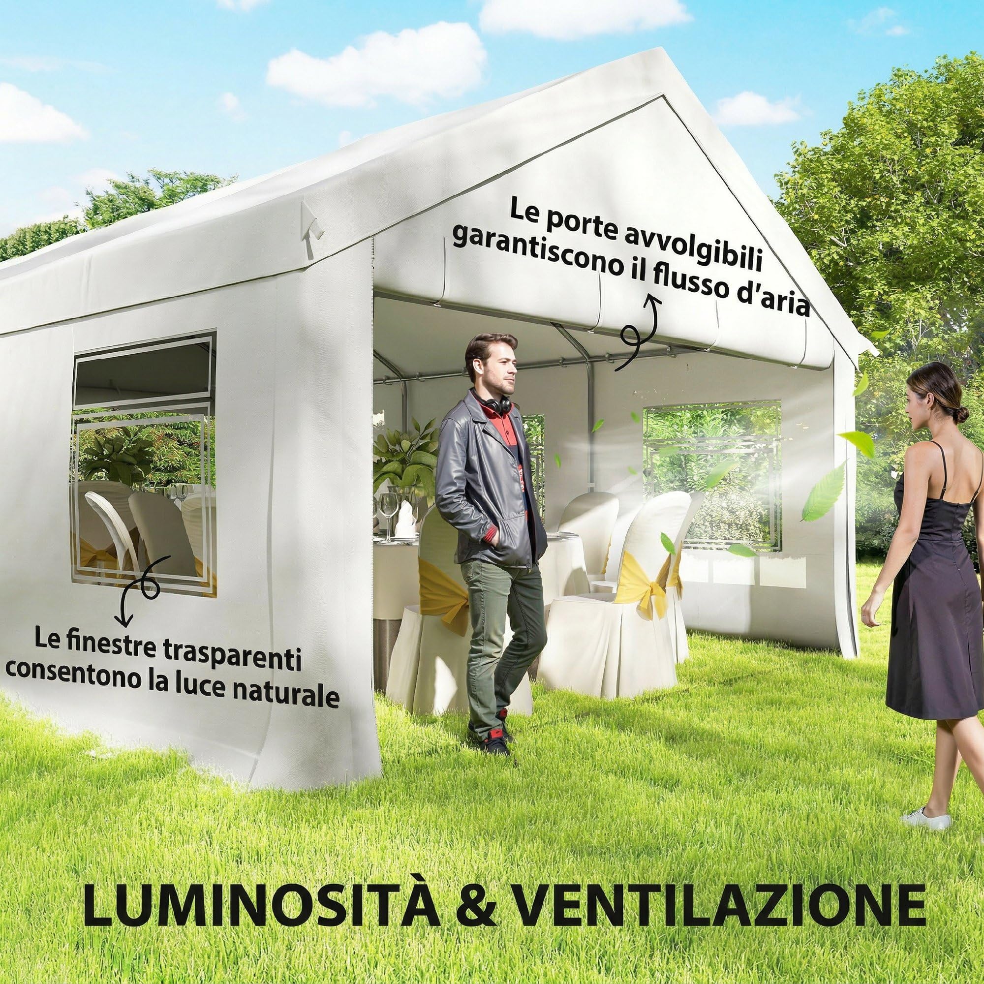 Outsunny Tendone per Feste 4x6 m con Pareti Laterali, Gazebo da Giardino in Acciaio Zincato a Caldo con 2 Porte a Cerniera, 6 Finestre, Corde, Gazebo da Esterno per Matrimoni Eventi, UV30+, Bianco