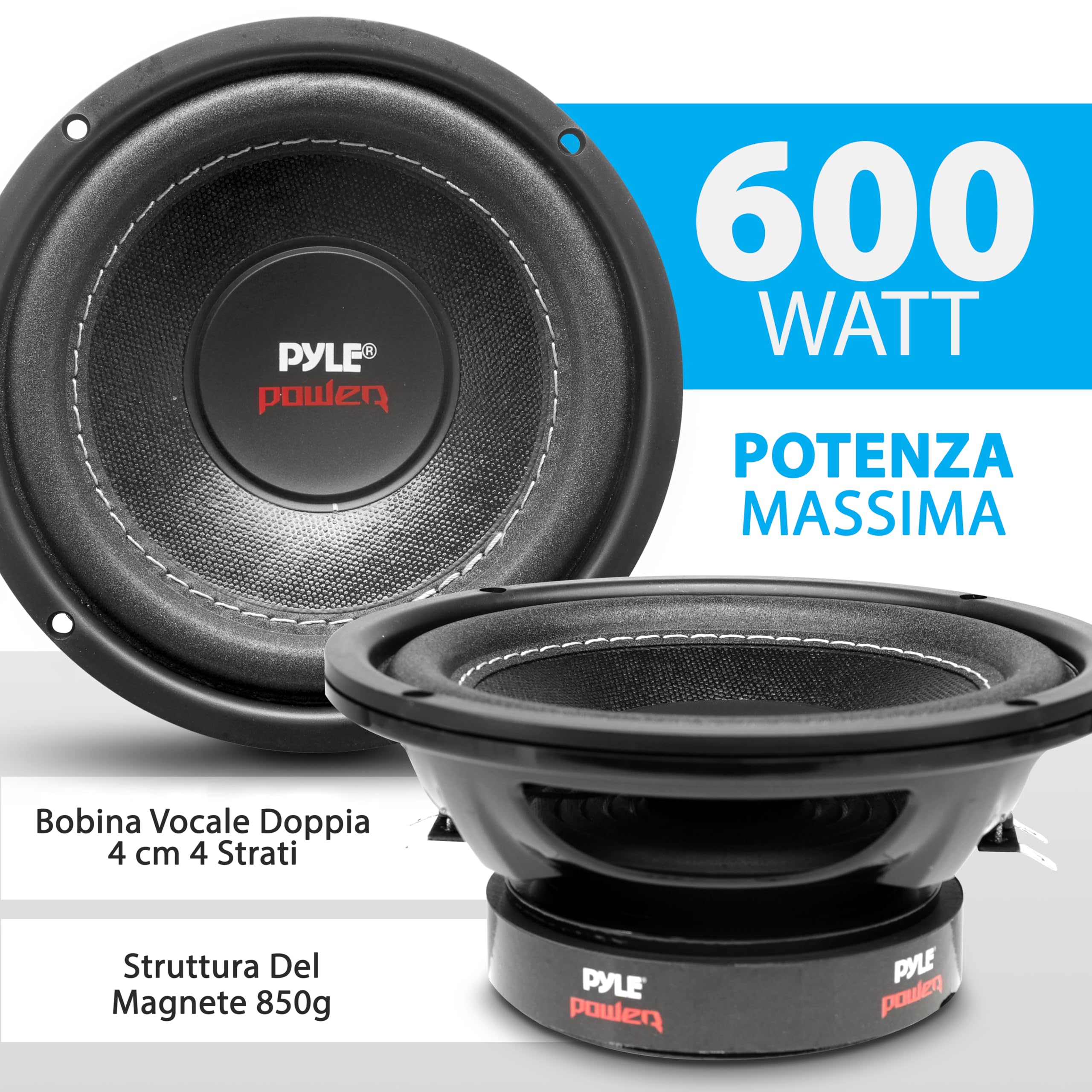 Pyle Casse Auto, Subwoofer Audio 16,5 Centimetri, 600 Watt, Cono in Carta, Impedenza 4 Ohm, Altoparlanti Auto Surround in Schiuma, per Stereo Veicolare