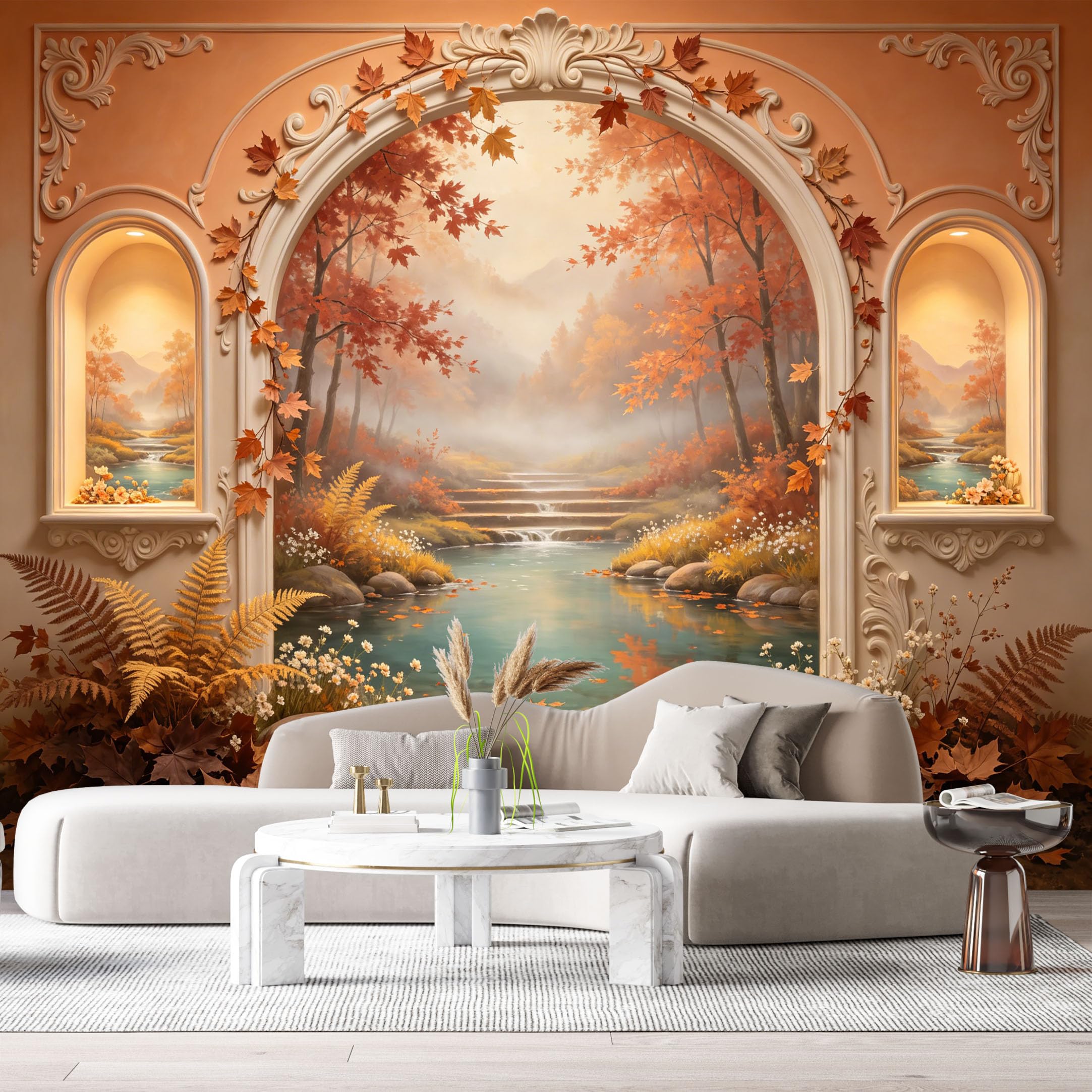 Custom Size Wall Murals Autumn Landscape Lake Archway 3D Trompe L'Oeil SelfAdhesiveWall Fabric Removable Wallpaper Wall Decor for Living Room Bedroom Bathroom