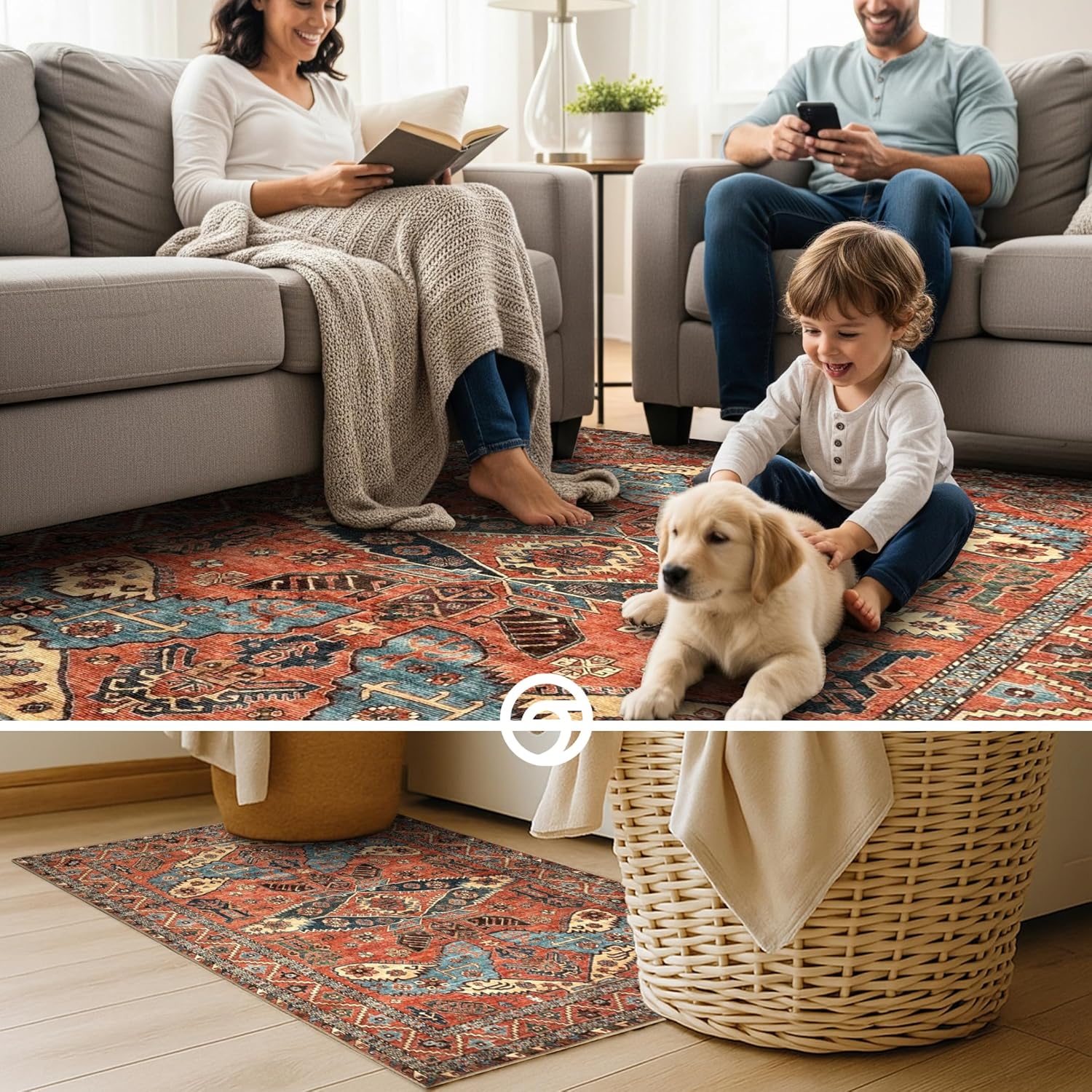 Boho Oushak Rug 8' x 10' – Washable Large Vintage Turkish Area Rug with Non-Slip Backing – Foldable Soft Indoor Carpet for Living Room, Bedroom, or Dining Room