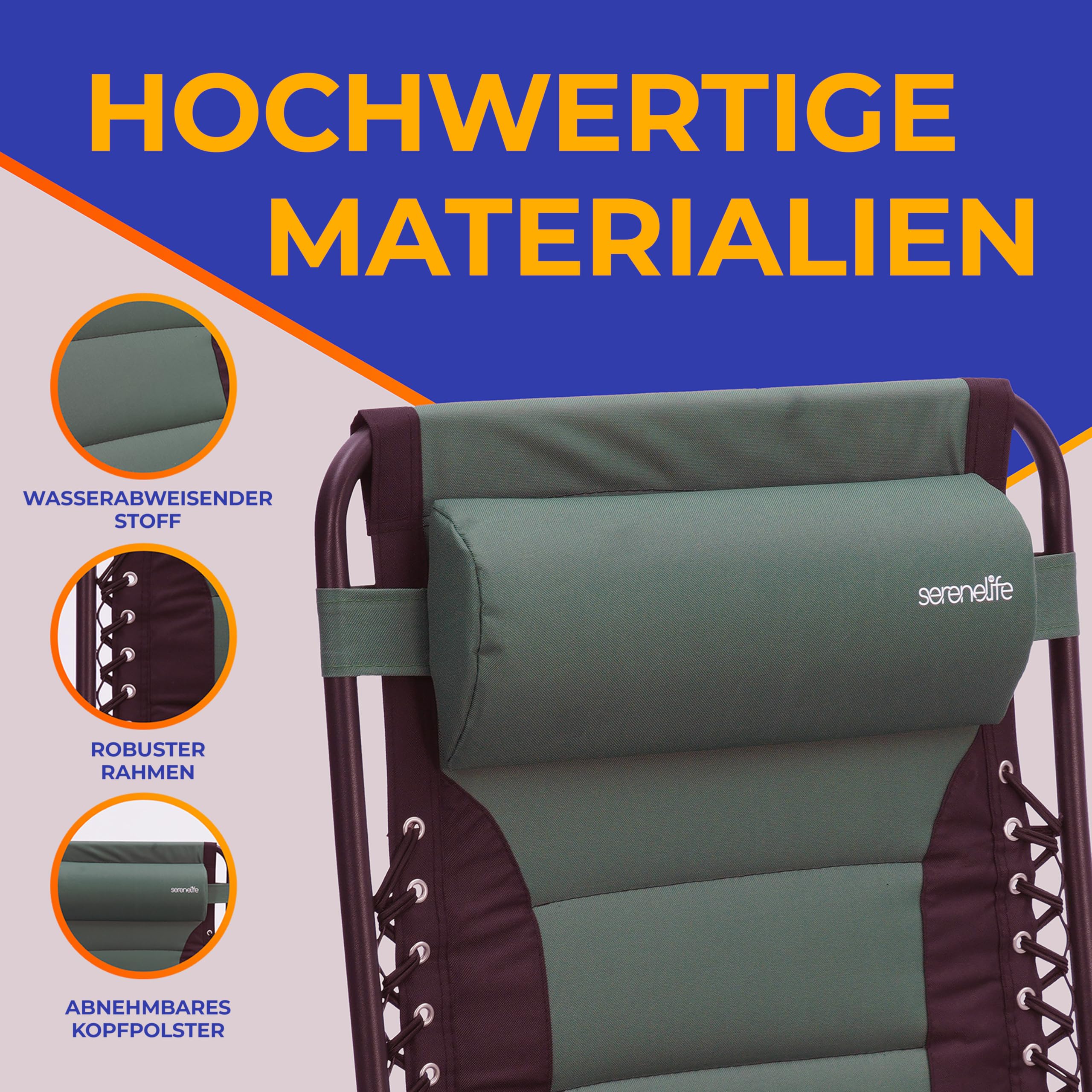 SereneLife Liegestuhl, Gartenlieg Klappbar mit Stufenlos verstellbare Positionen, Kopfstütze, Getränke- & Handyhalter, Grün, Rostfreier Stahlrahmen, Relaxliege für Terrasse & Balkon