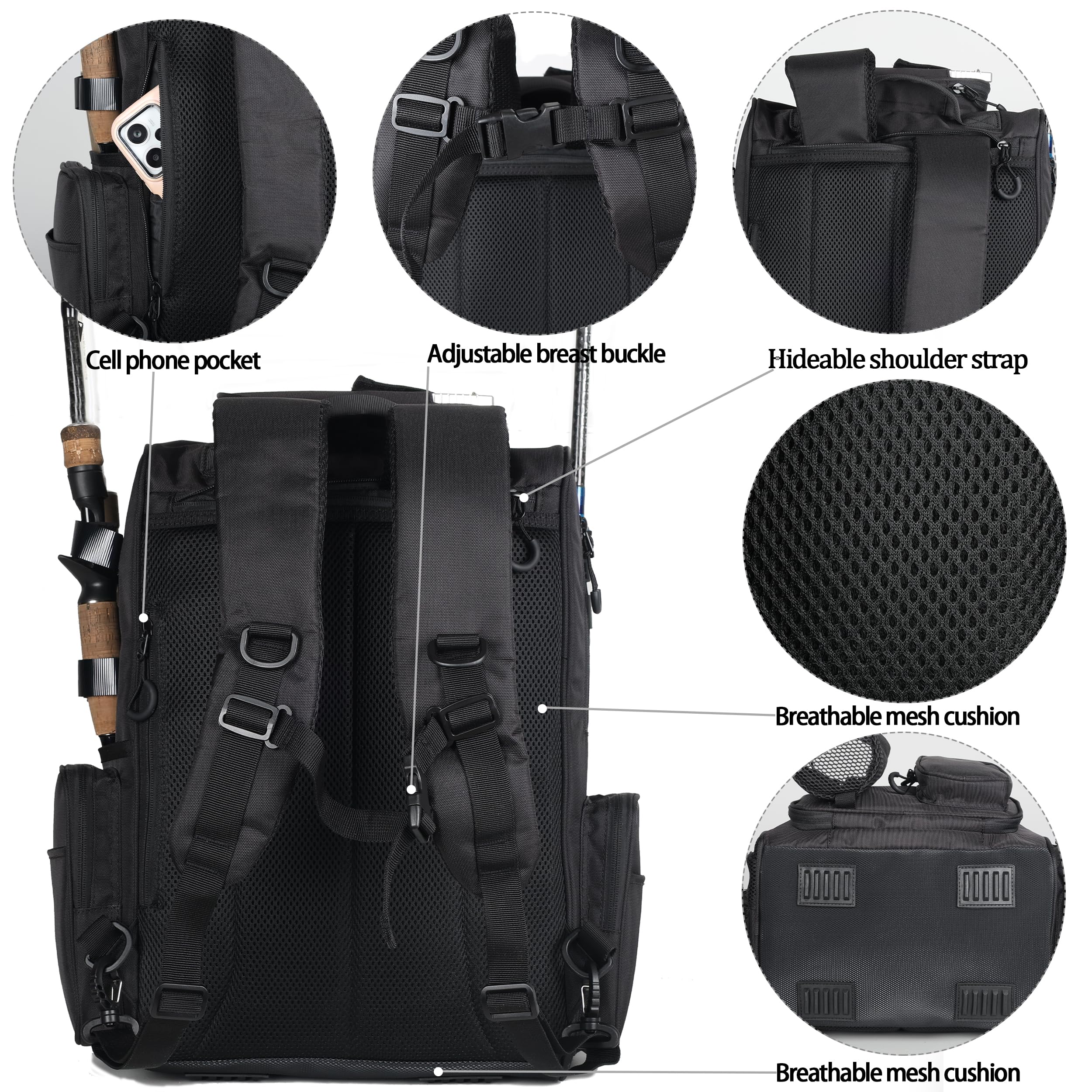 Mochila de aparejos de pesca con soportes para caña (bandejas no incluidas), mochila de pesca grande de 40 L, equipo de pesca, regalos de pesca para hombres