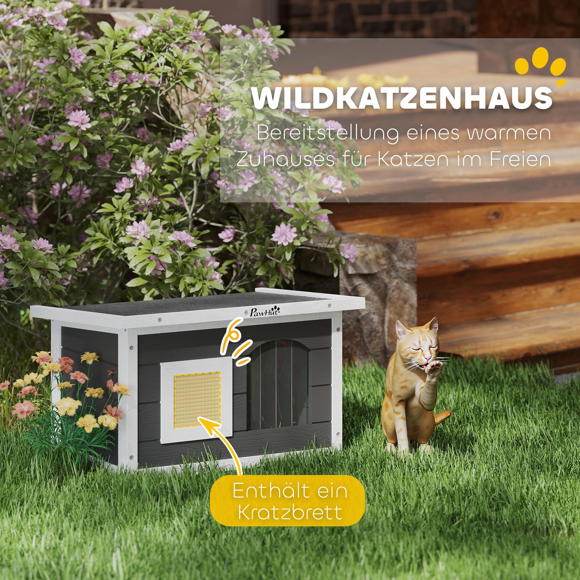 PawHut Casetta per gatti in legno, impermeabile, con tetto pieghevole per asfalto, tappetino estraibile, per gatti, per esterni, giardino, 61 x 45 x 36,5 cm, grigio