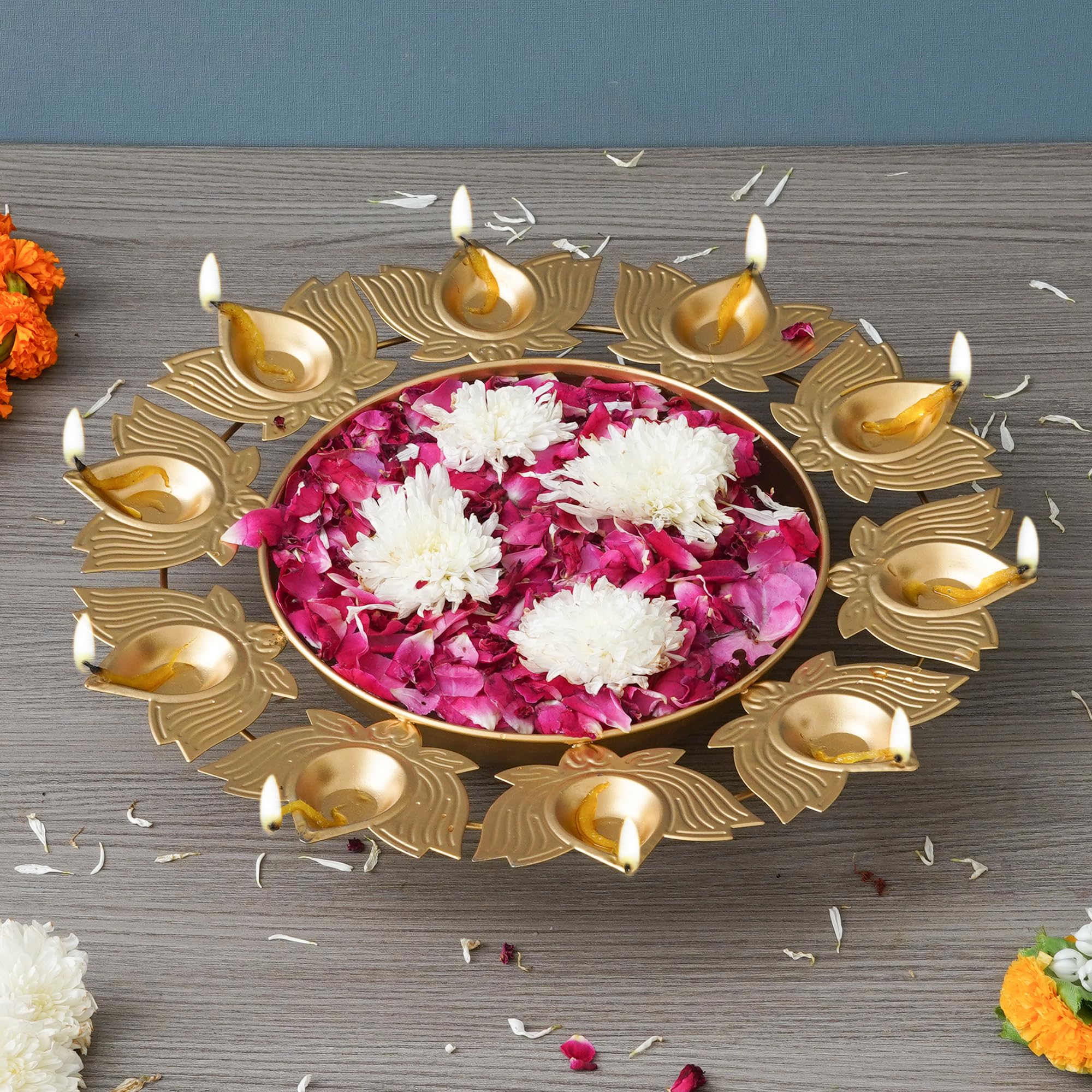 eCraftIndia Golden Metal Handcrafted Decorative Lotus Urli with 10 Diyas - Urli Bowl for Home Decor - Urli for Floating Flowers - Diwali Decoration Items for Home Decor - Housewarming, Diwali Gift (B0CK2MQQ4Y) Amazon Price History, Amazon Price Tracker