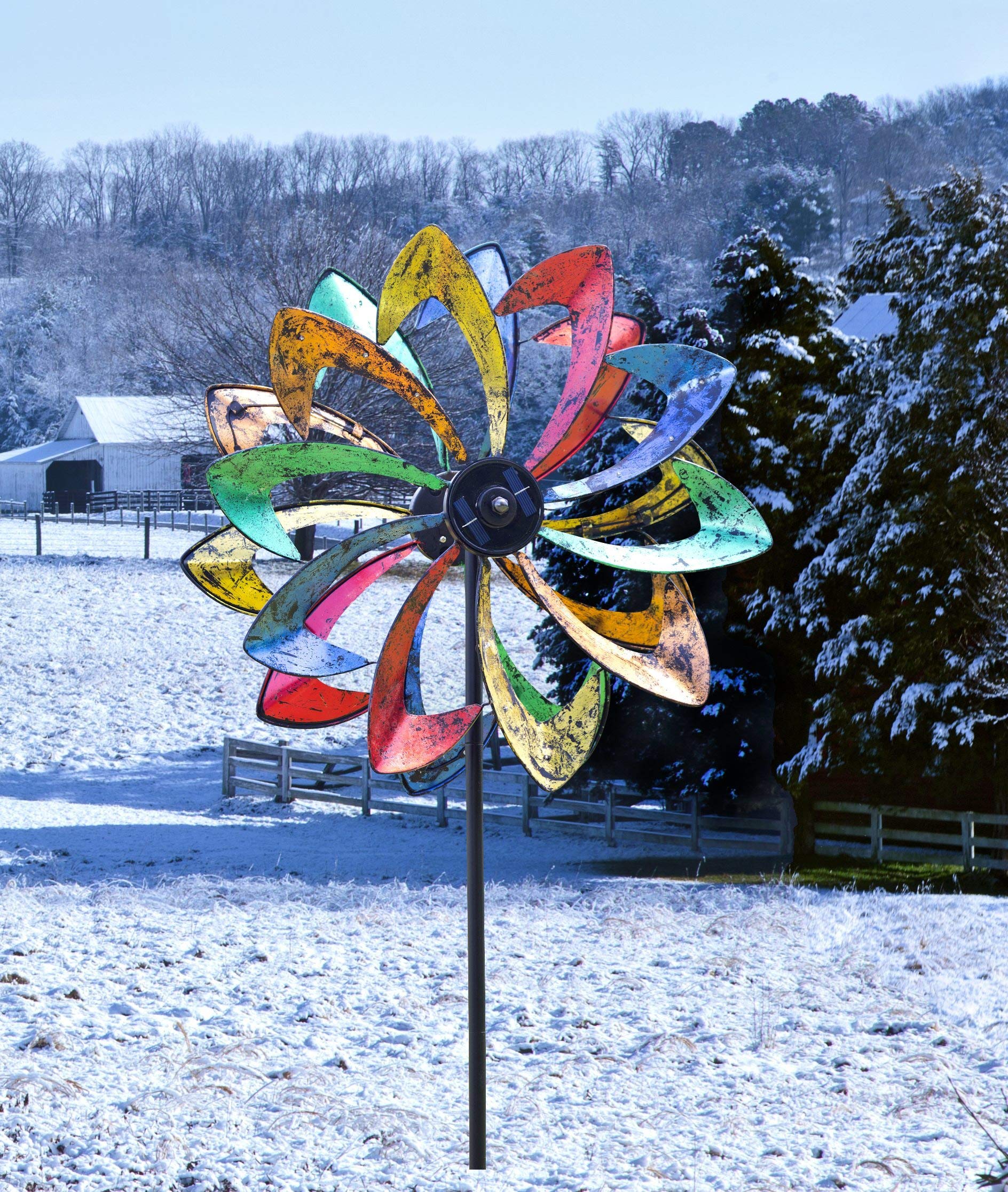 Plow & Hearth Large Solar Lighted Metal Flower Wind Spinner with Two Bi