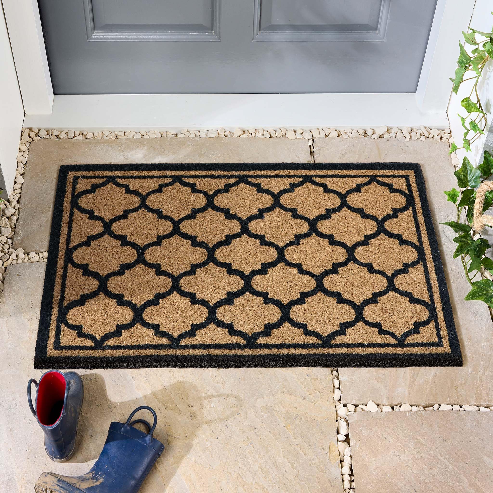 Coir Door Mat for Doorway, Home Entry, Balcony, Garden, Dirt Trapper Entrance Indoor Outdoor Non-Slip Absorbent Welcome Mat Natural Doormat in 45 x 75 cm (Moroccan Tile)