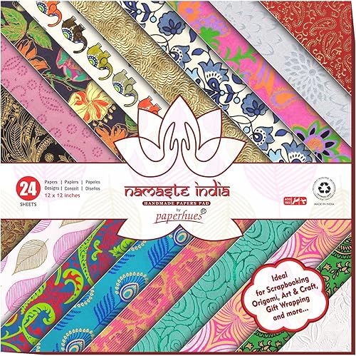 Paperhues Namaste India Collection - Papel de recortes hecho a mano de 12 x 12 pulgadas, 24 hojas.