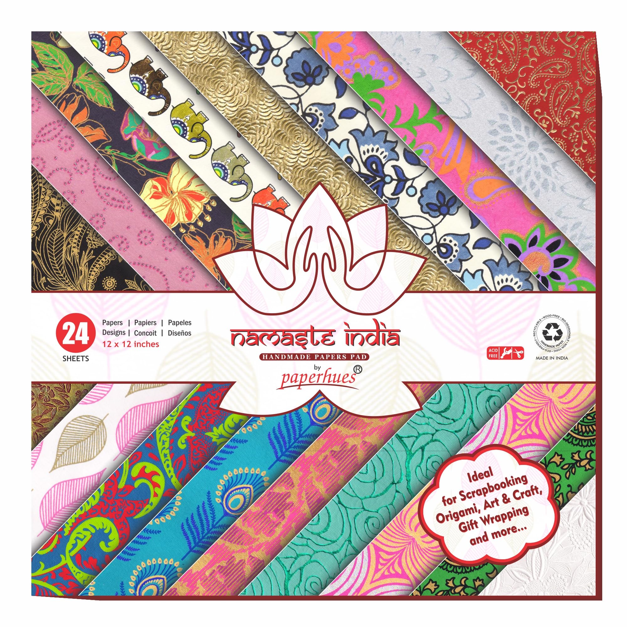 Namaste India Collection Handmade Scrapbook Papers 12x12 Pad, 24 Sheets.