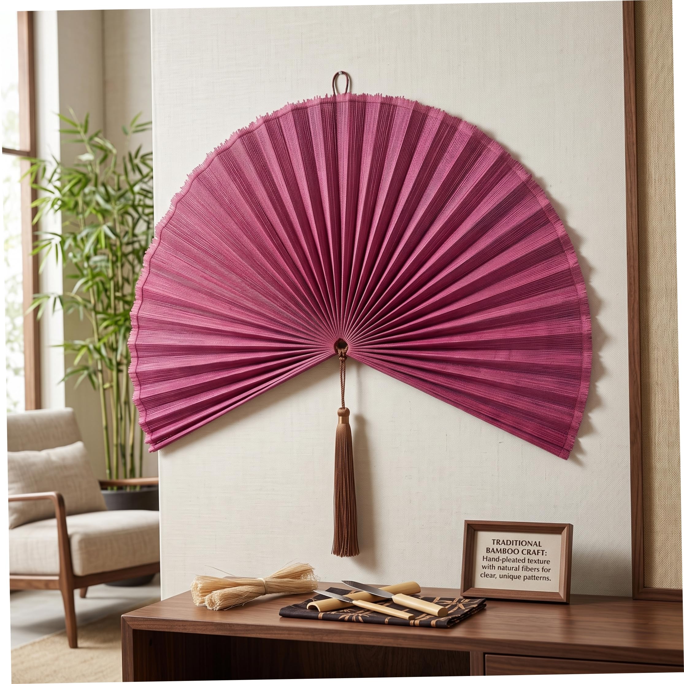 Abanico de Pared Bambú Rosa Rojo, Decorativo Artesanal 15, 75x31, 5