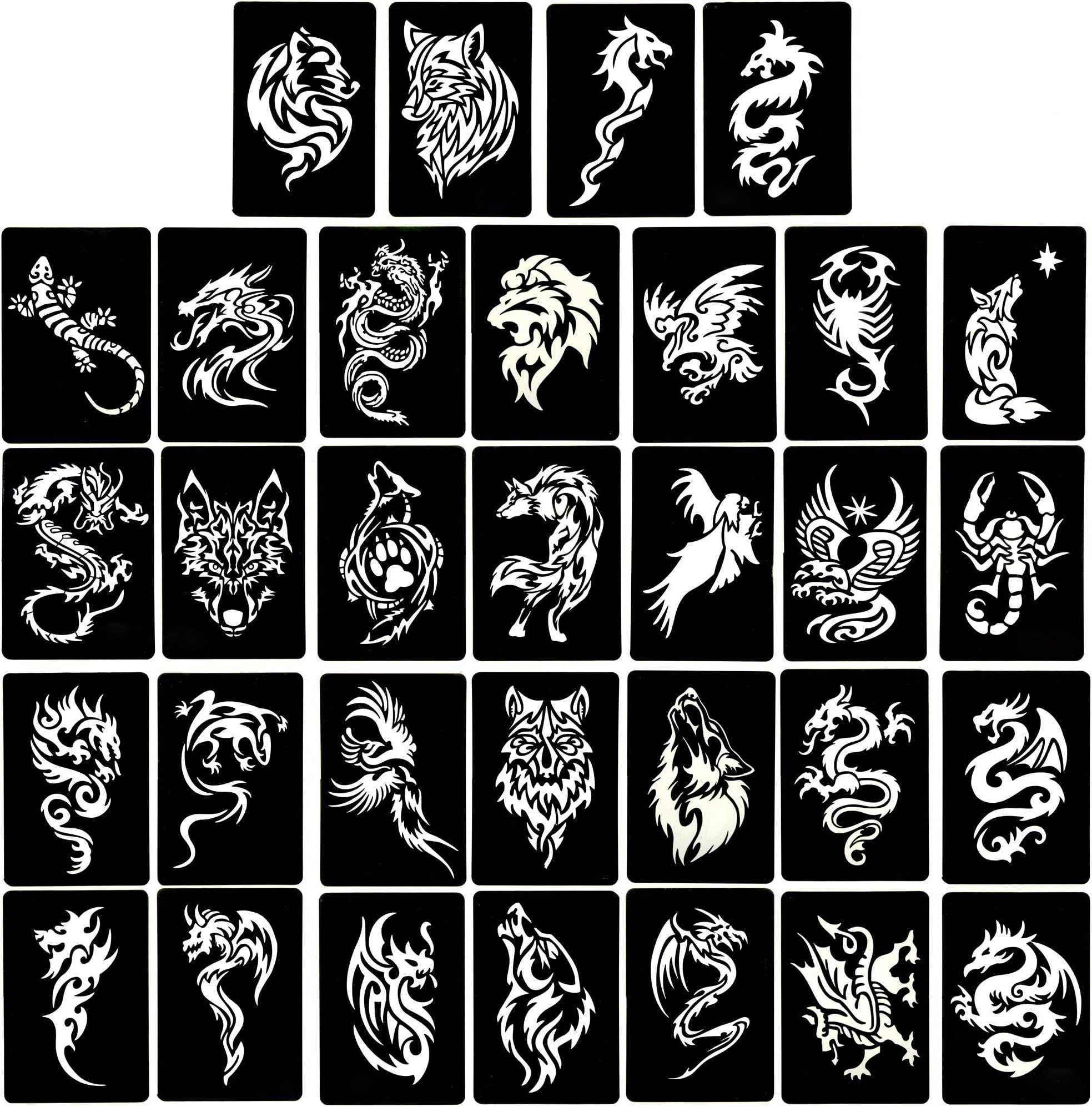 32 Patterns Temporary Tattoo Stencils - 4 Large A4 Sheets Animal Tribal Tattoo Stencil Kit for Men Women - Reusable Henna Stencils for Body Art, Dragon Wolf Scorpion Designs for Glitter & Airbrush