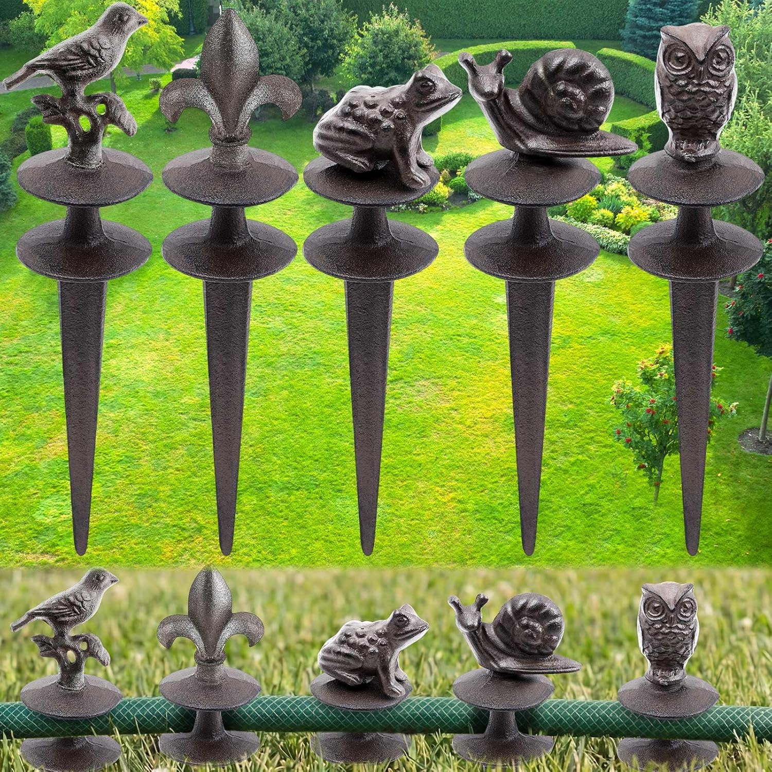 Briwooody 5 Pcs Heavy Duty Garden Hose Guide Stakes, Metal Cast Iron Water Hose Guide Spike Garden Stakes Decorative for Outside Flower Beds Plant, 12~14 inches (Groovy)