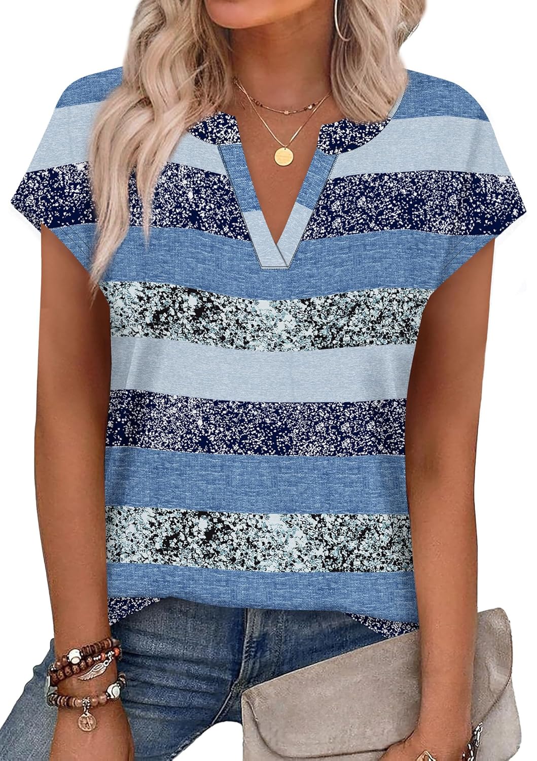WIHOLL Womens Summer Tops V Neck T Shirts Cap Sleeve Business Casual Outfits Loose Fit Beach Vacation Clothes